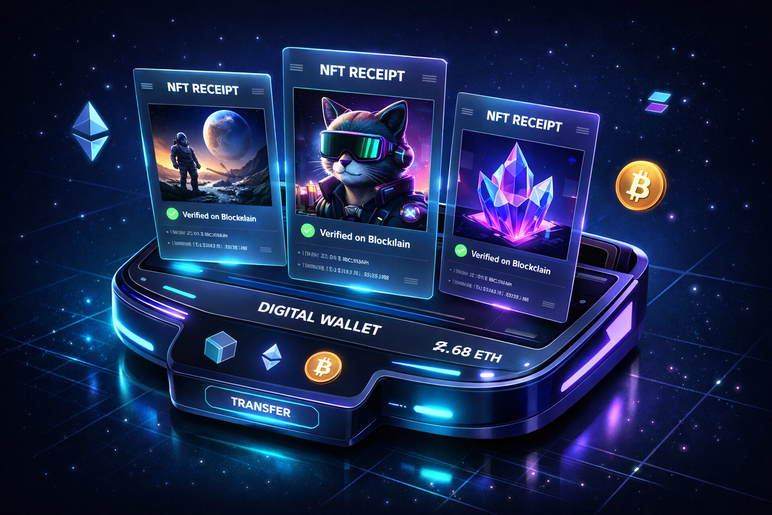 Futuristic crypto wallet interface showing NFT receipts with blockchain verification for self-custody payments