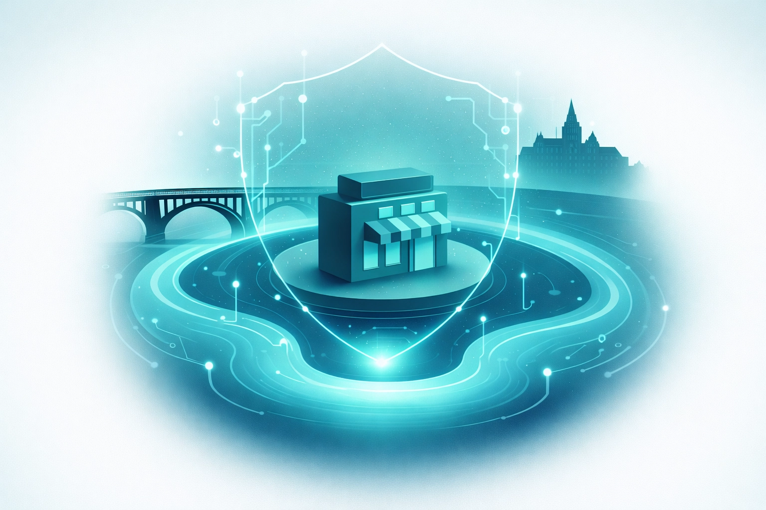 Teal-and-blue geometric digital moat formed by a stylized South Saskatchewan River around a local business icon, with a Saskatoon bridge and Delta Bessborough silhouette plus node-based security cues.