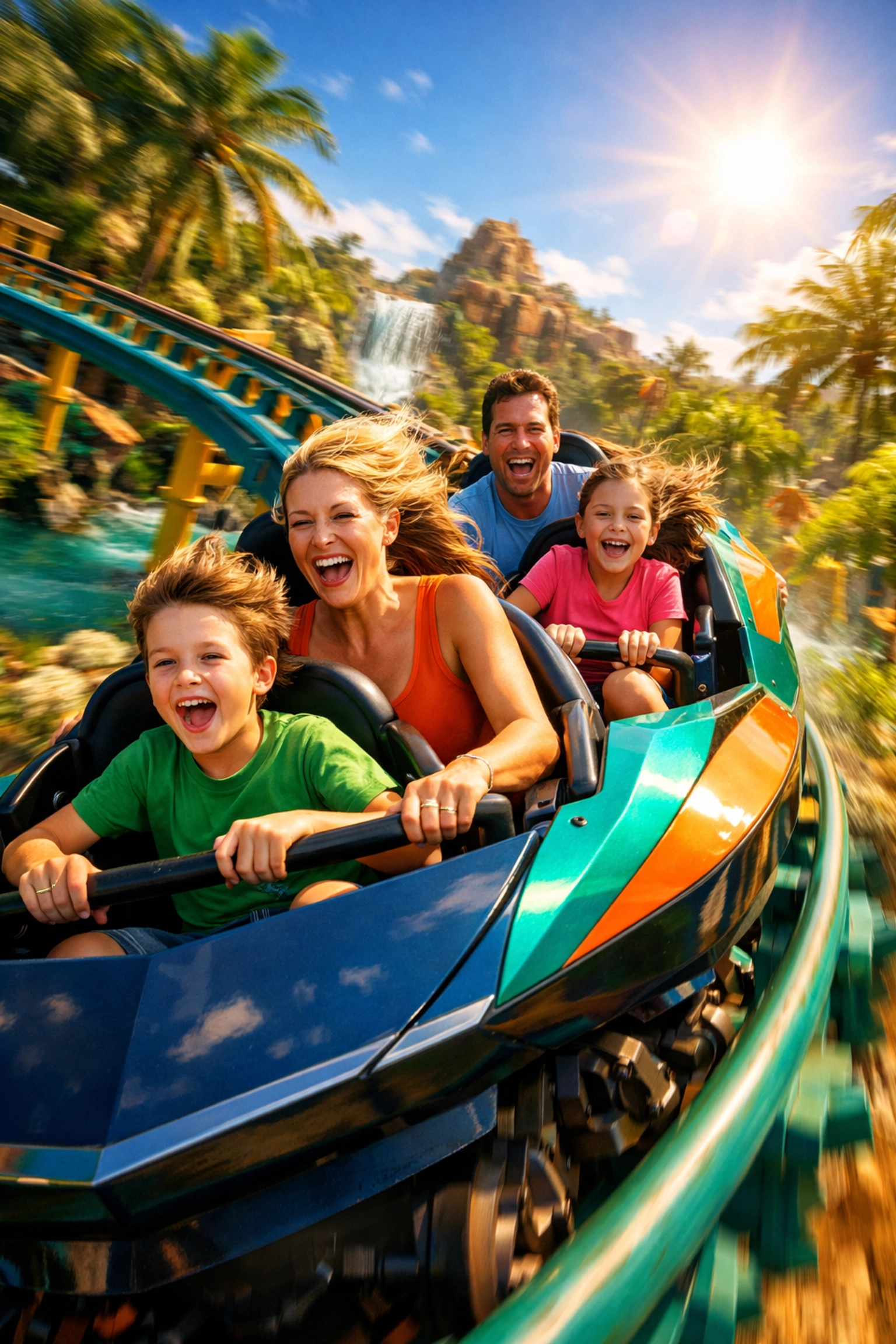 Happy family enjoying a fast roller coaster ride at a Disney park after using Lightning Lane to save time.