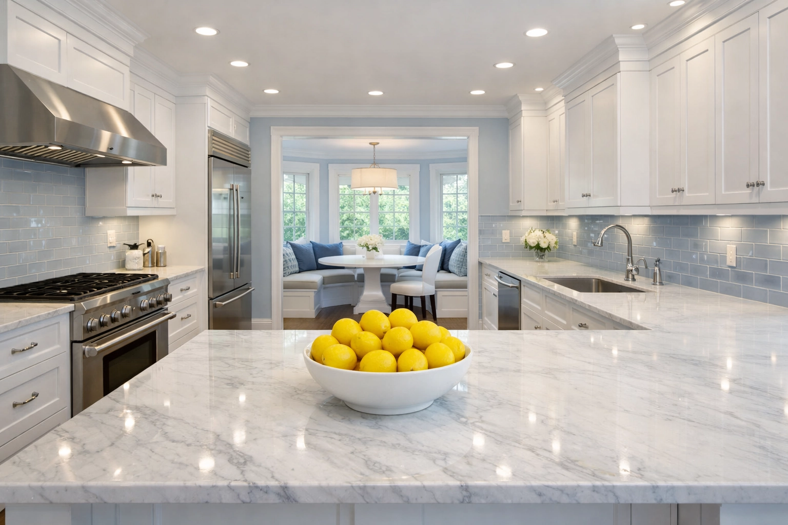 Ninja-level deep cleaning of a luxury Wellesley kitchen with white cabinets and a marble island.
