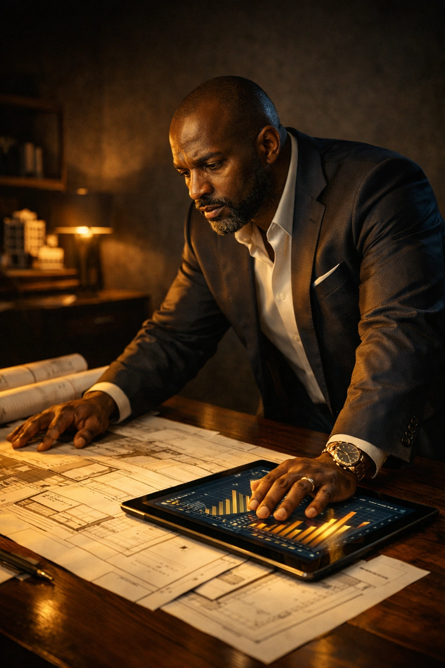 Real estate developer reviewing blueprints and financial charts for a San Francisco housing project.