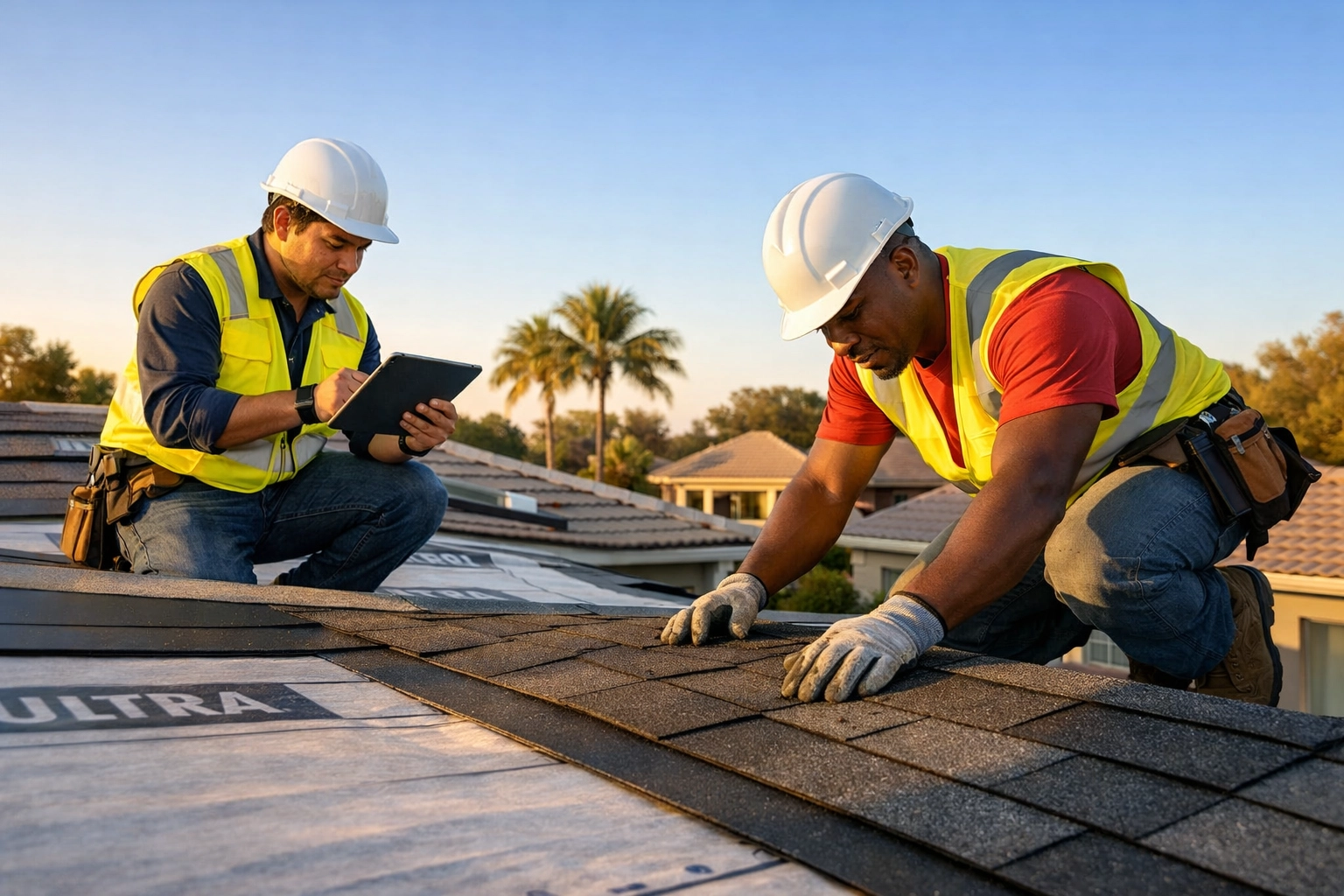 Professional roof replacement Florida with technicians installing hurricane-rated materials
