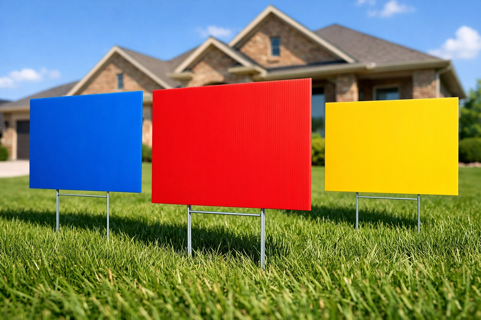 Vibrant custom yard signs for local marketing standing in a manicured lawn near a Dallas-Fort Worth home.