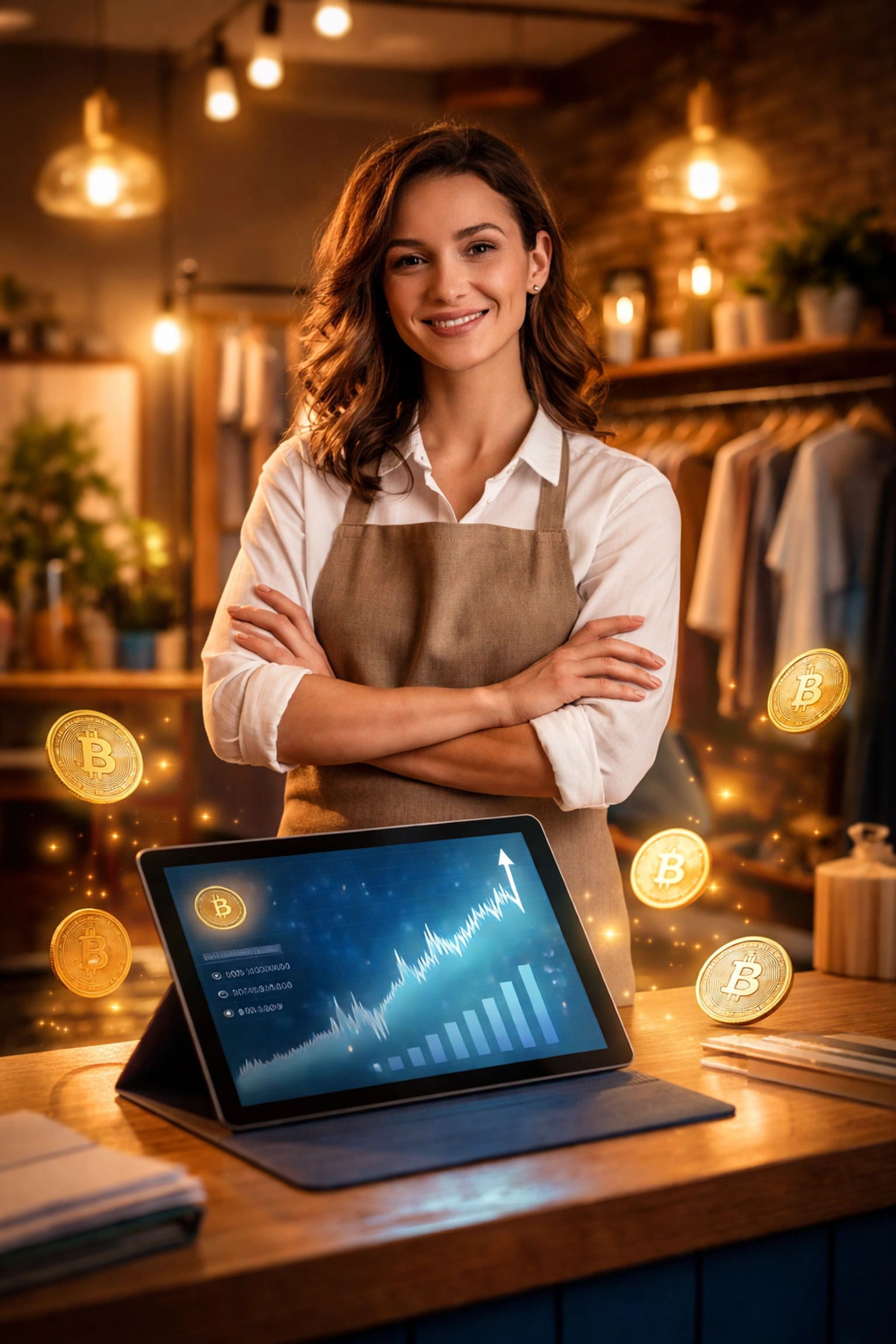 Confident small business owner reviewing cryptocurrency POS system savings with digital wallet at boutique counter