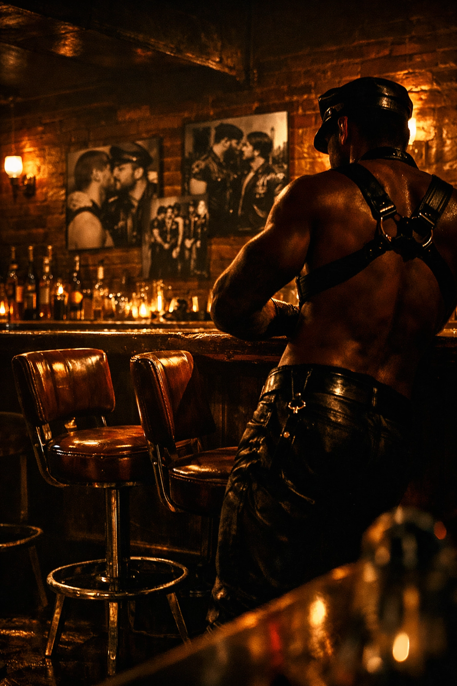 Atmospheric leather bar interior with vintage stools and gay leather culture photographs on brick walls