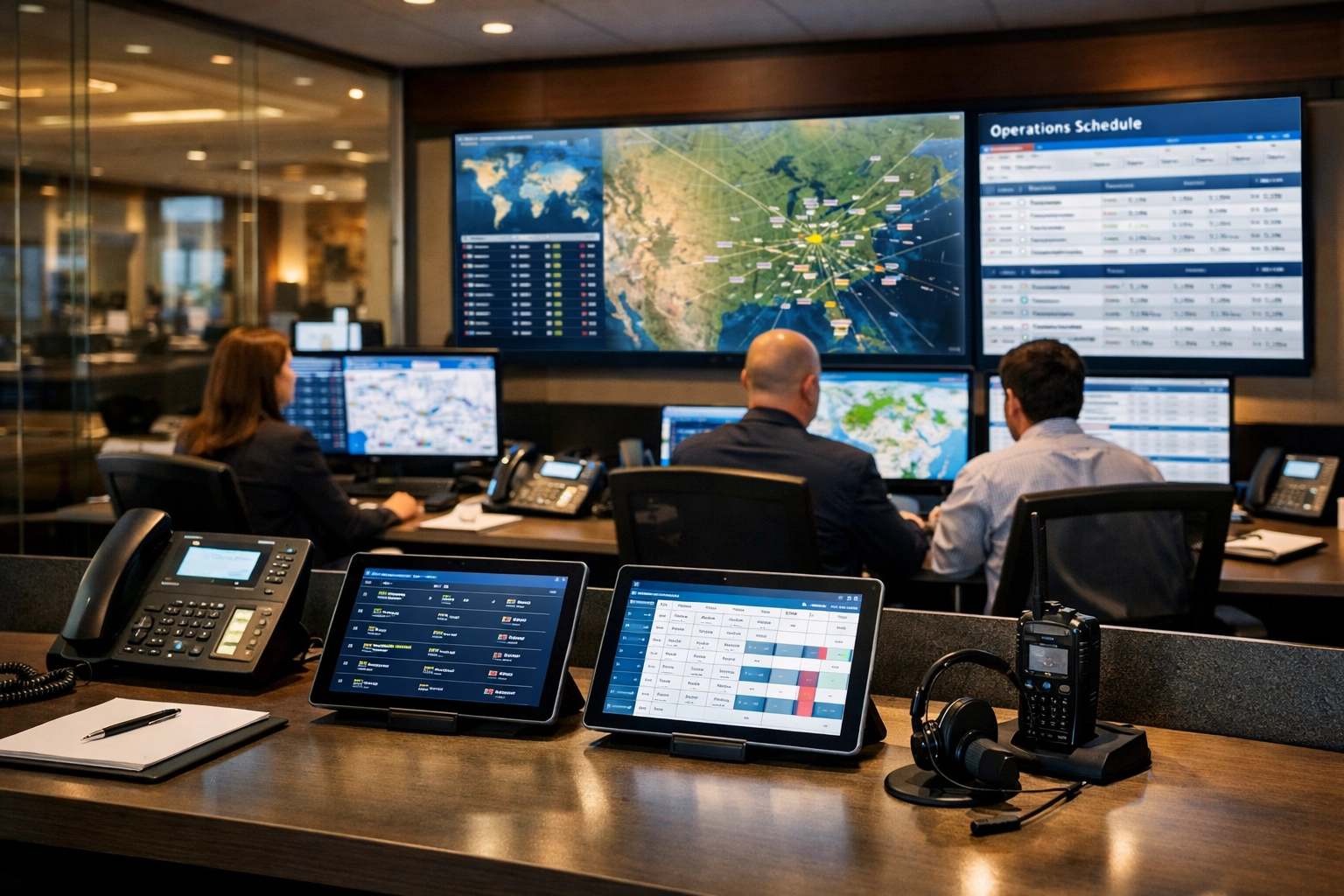 Corporate travel command center monitoring Super Bowl executive transportation and logistics