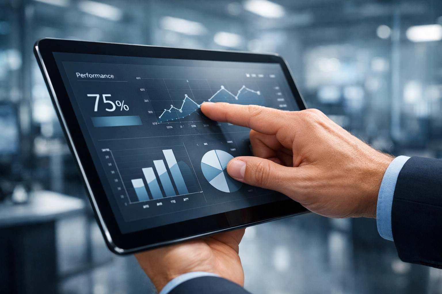 Close-up of a tablet displaying a minimalist dashboard for real-time performance optimization.
