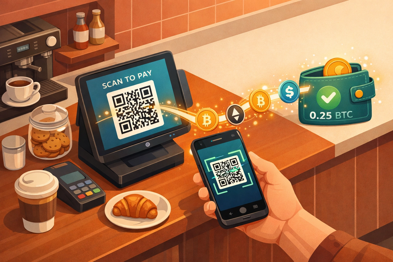 Crypto POS system showing instant payment from customer phone to merchant self-custody wallet