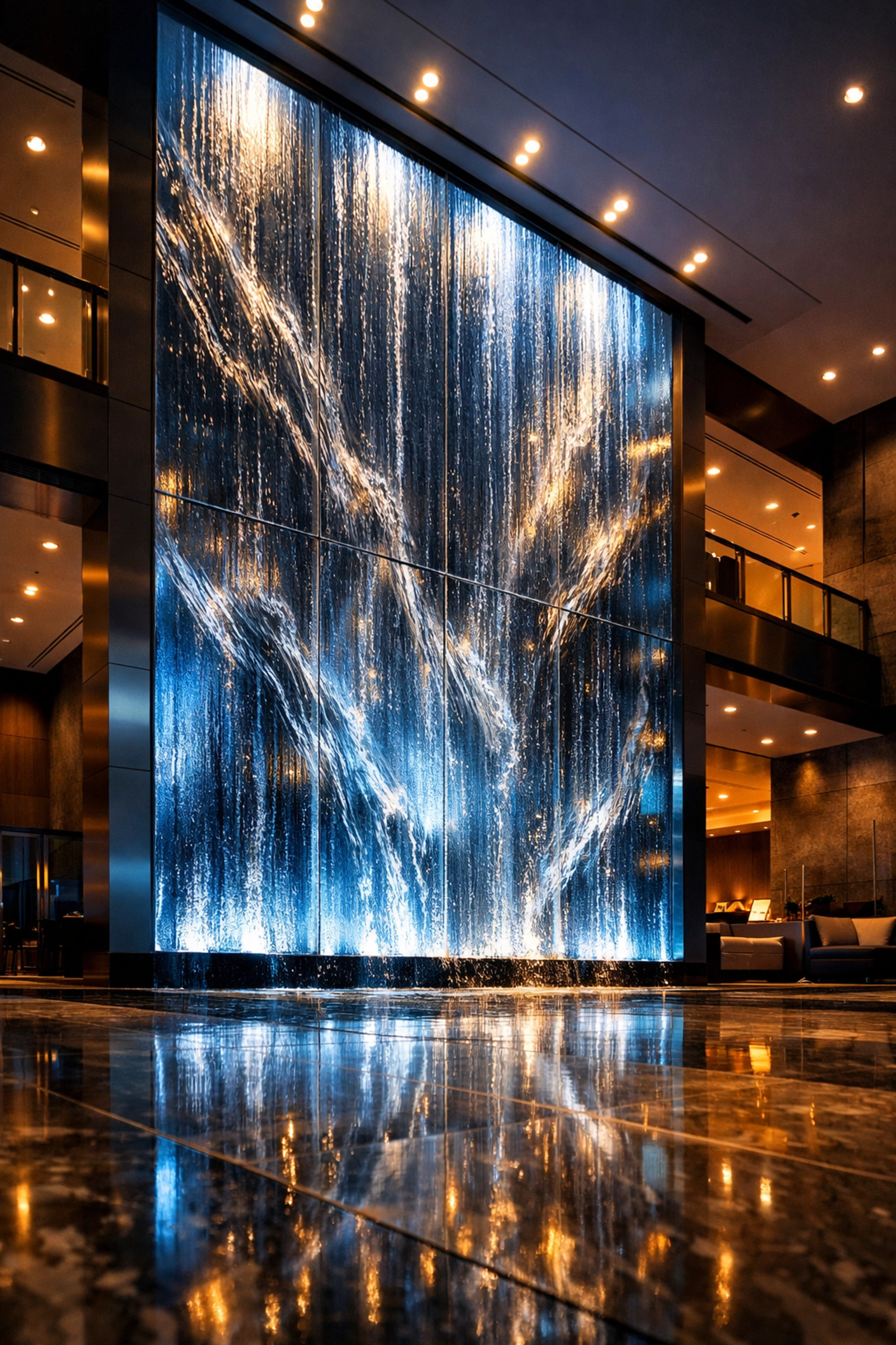 Illuminated Liquidwall installation in luxury office lobby using maintenance-free L2O Liquid