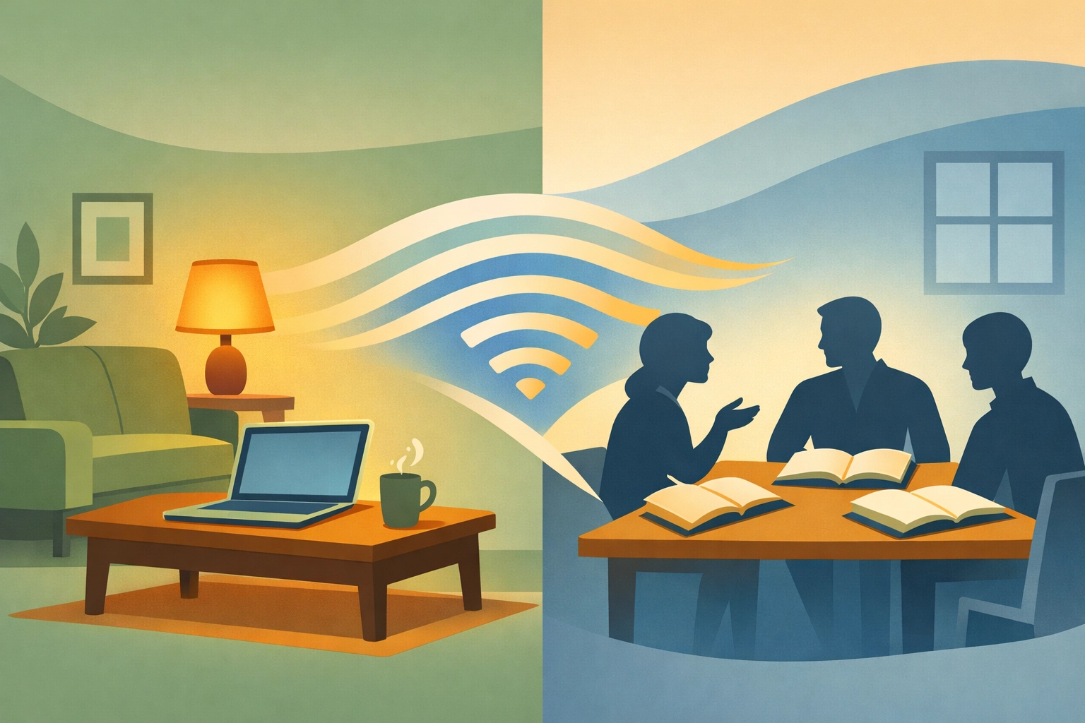 Hybrid Bible study connecting remote participants online with in-person church group gathering