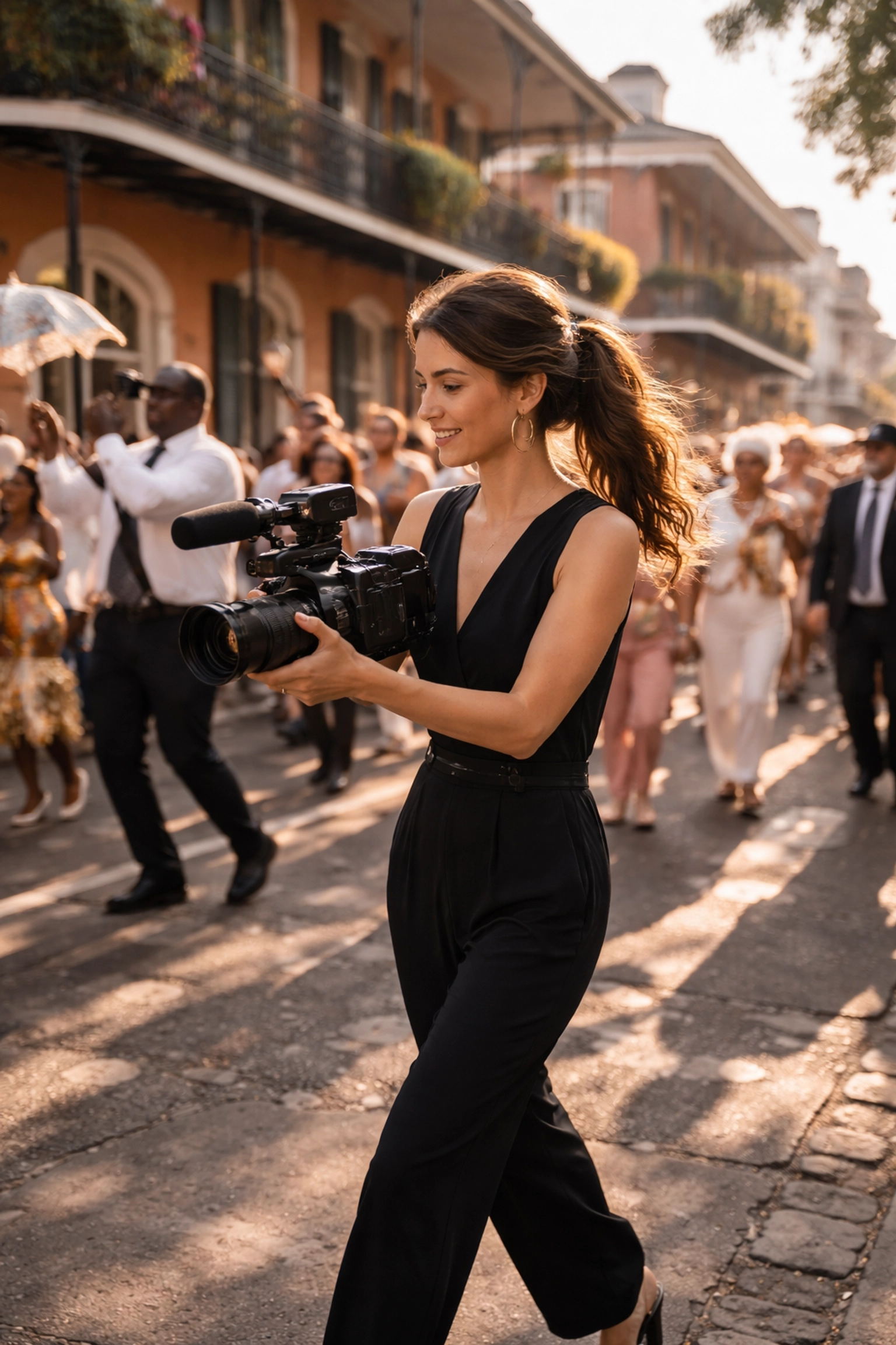 Female videographer recording a vibrant Second Line parade in the French Quarter, New Orleans, with historic architecture in view.