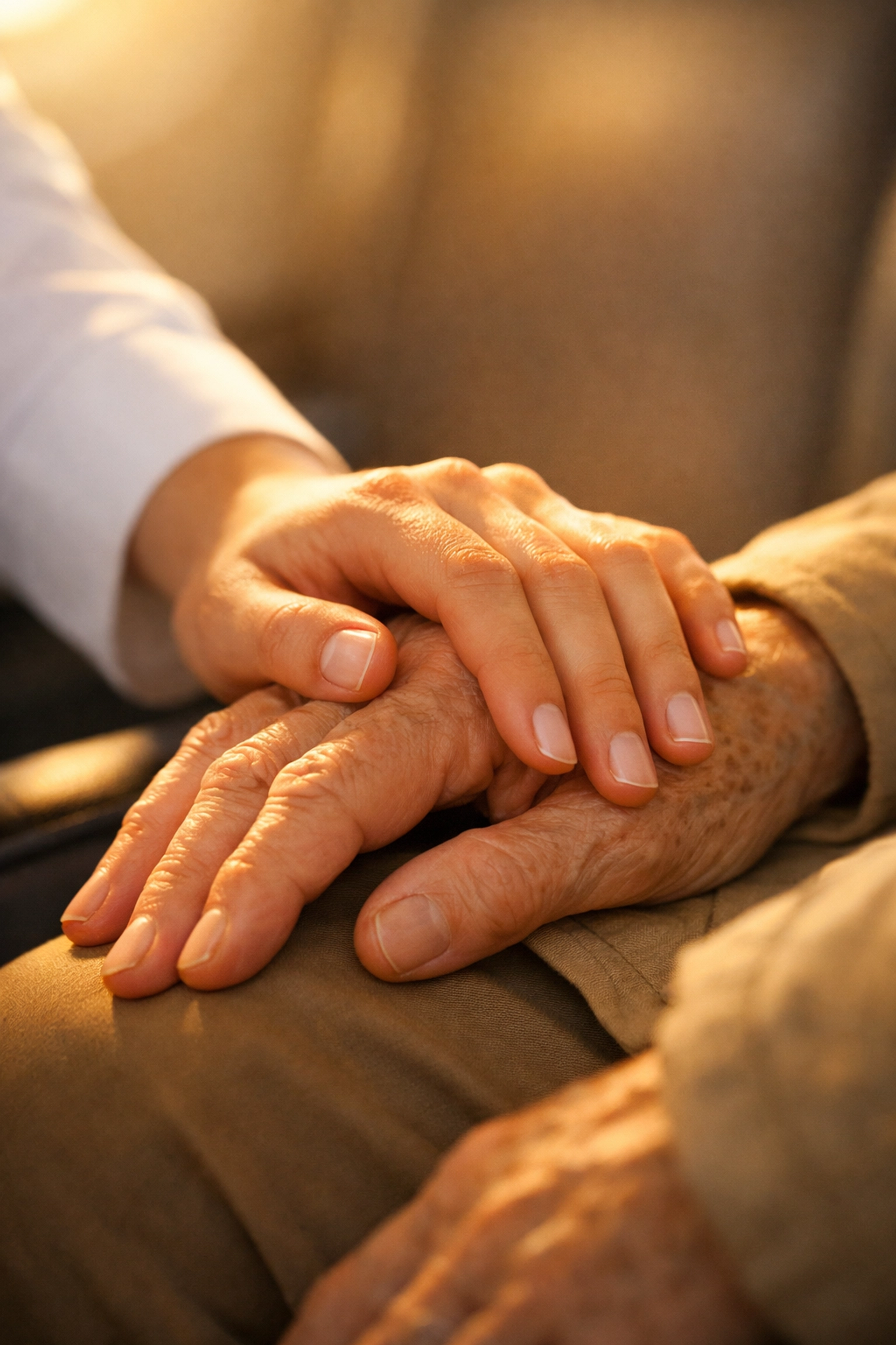 A compassionate hand-on-hand gesture showing the caring nature of non emergency medical transportation services.