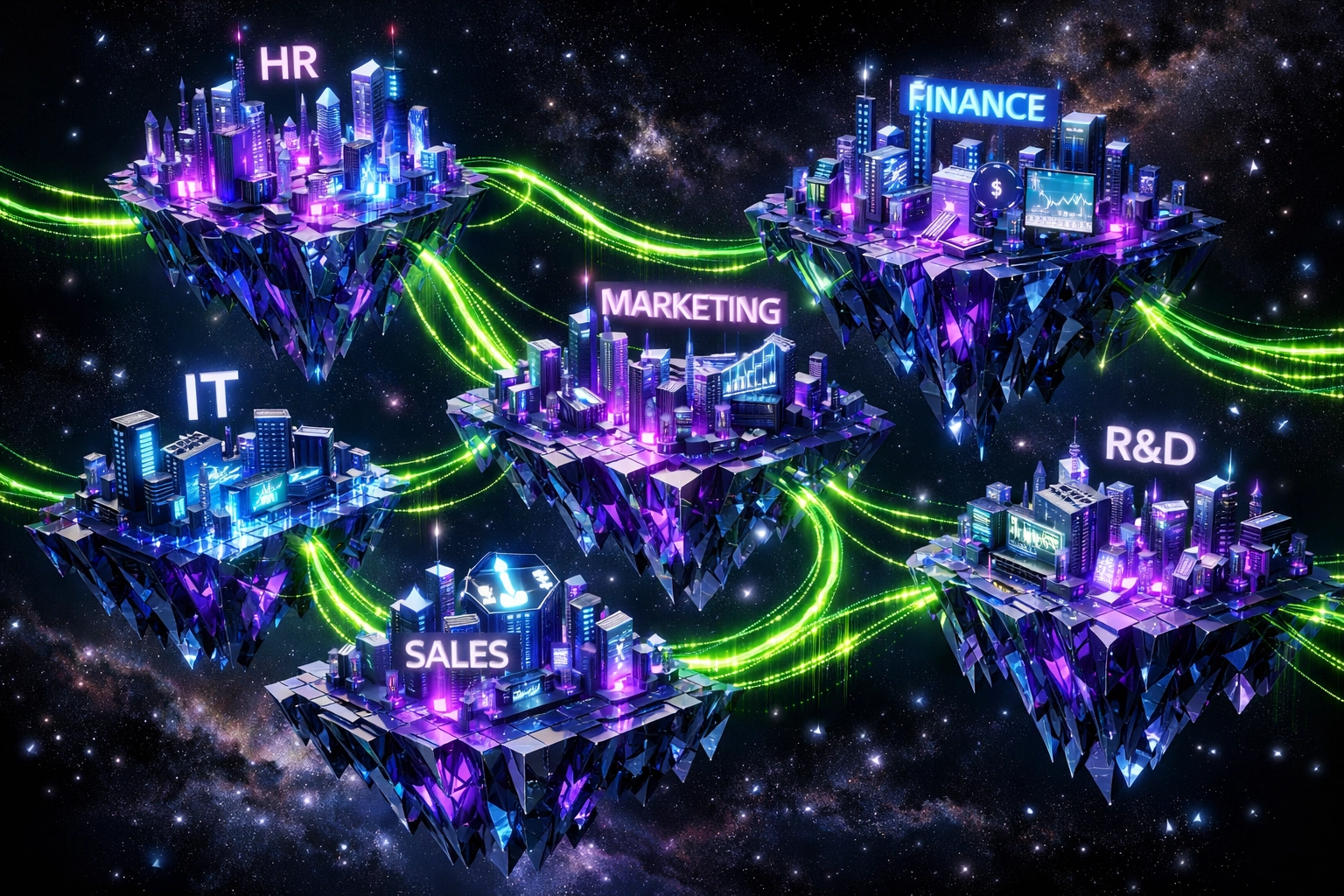 Digital business departments connected by neon data streams forming a unified AI automation ecosystem.