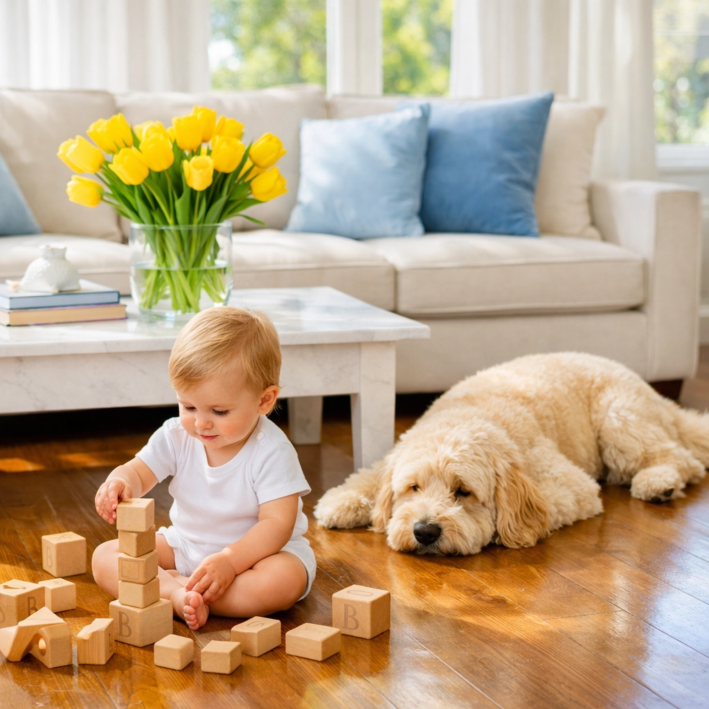 Toddler playing on clean hardwood floors in a Boxford home after eco-friendly house cleaning.