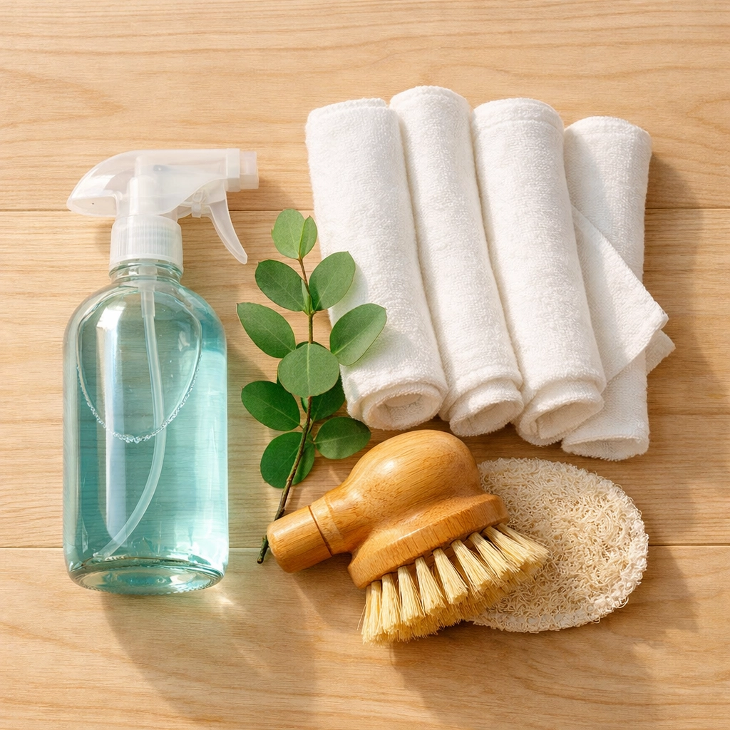 Eco-friendly non-toxic supplies used by professional house cleaning services in MA for a healthy home.