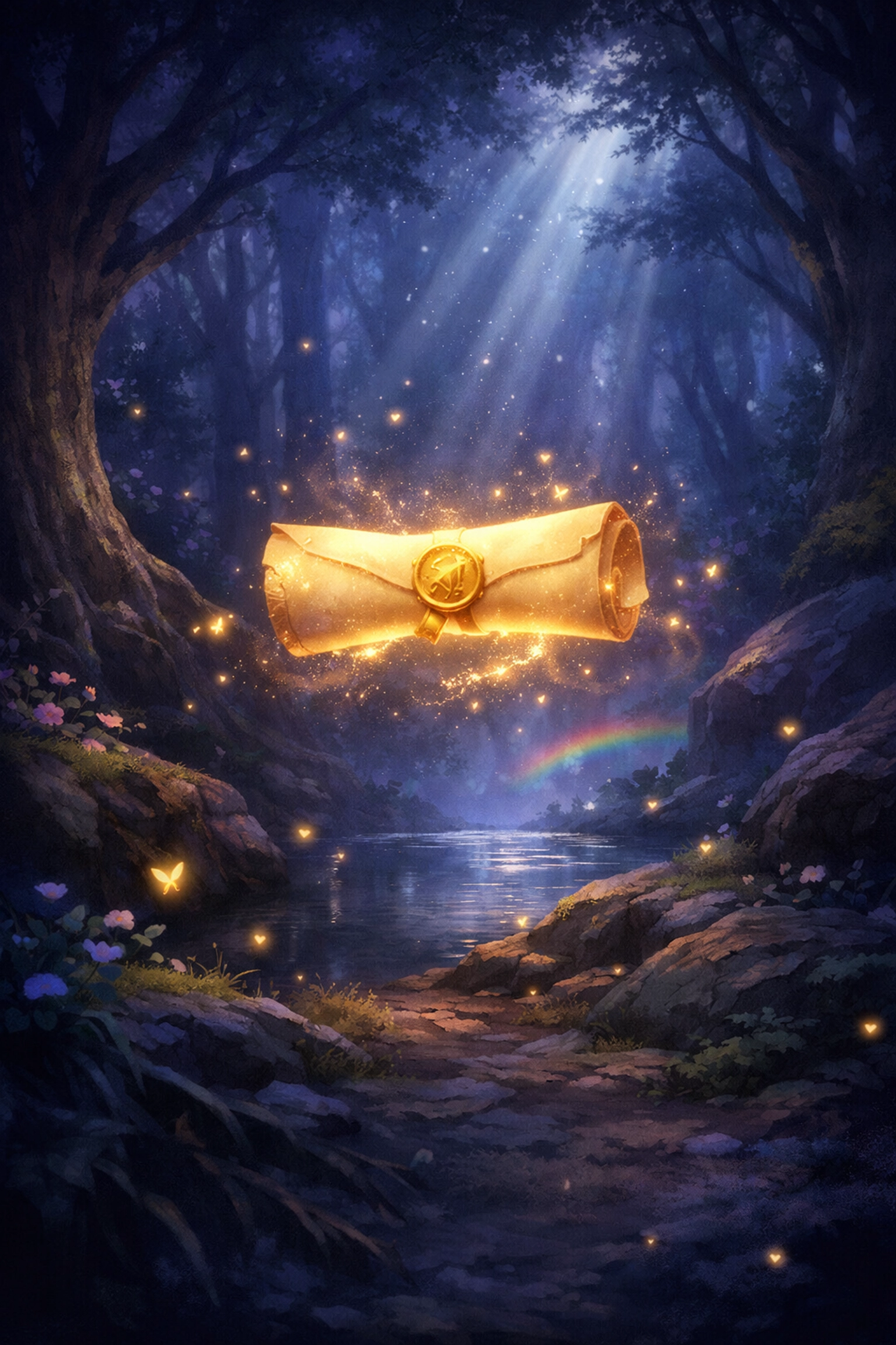 Hidden golden letter confession in fantasy RPG forest grove at night