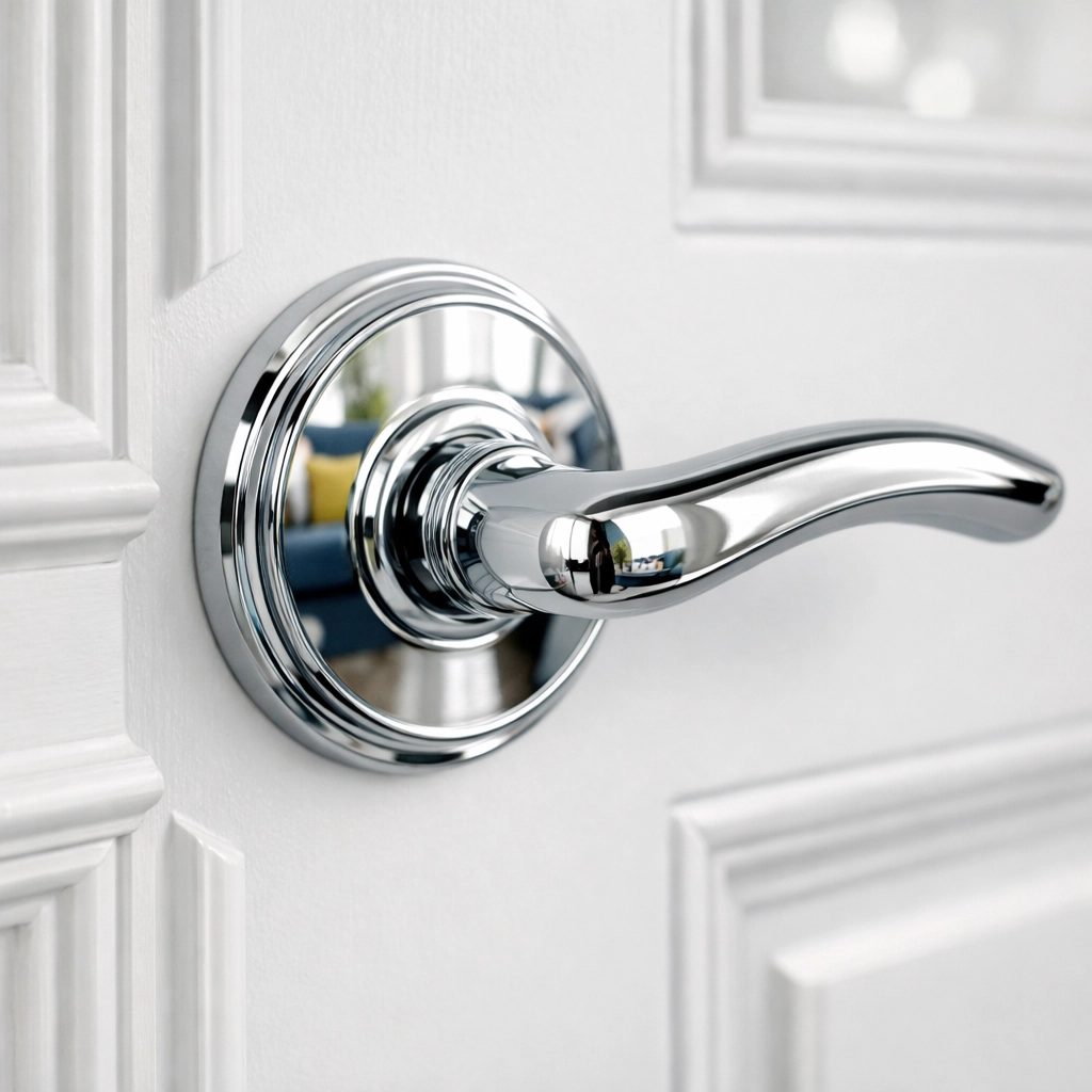 Sanitized chrome door handle showing the high detail of residential cleaning Massachusetts services.