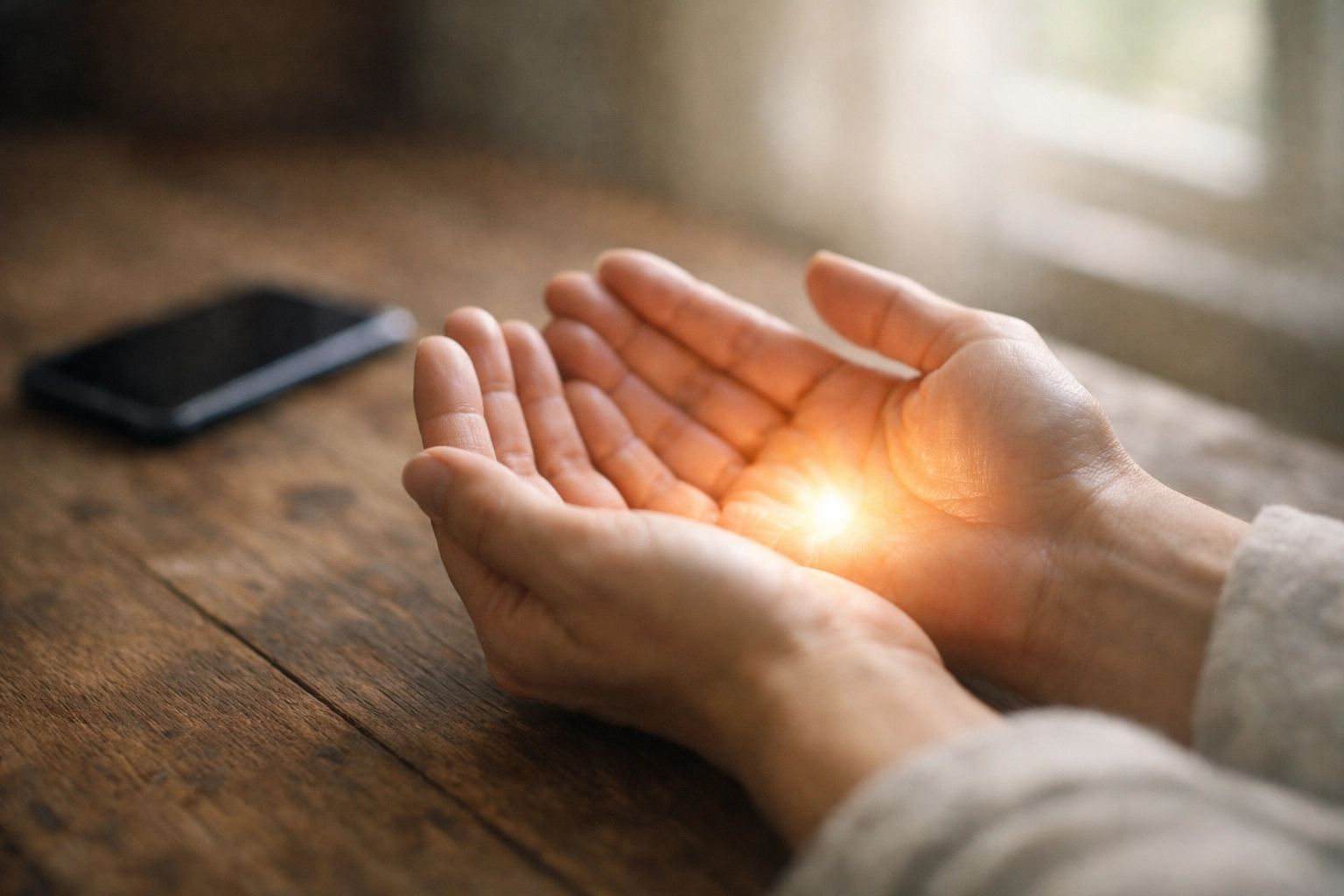 Open hands in prayer with a smartphone set aside, representing a divine exchange of stress for peace.