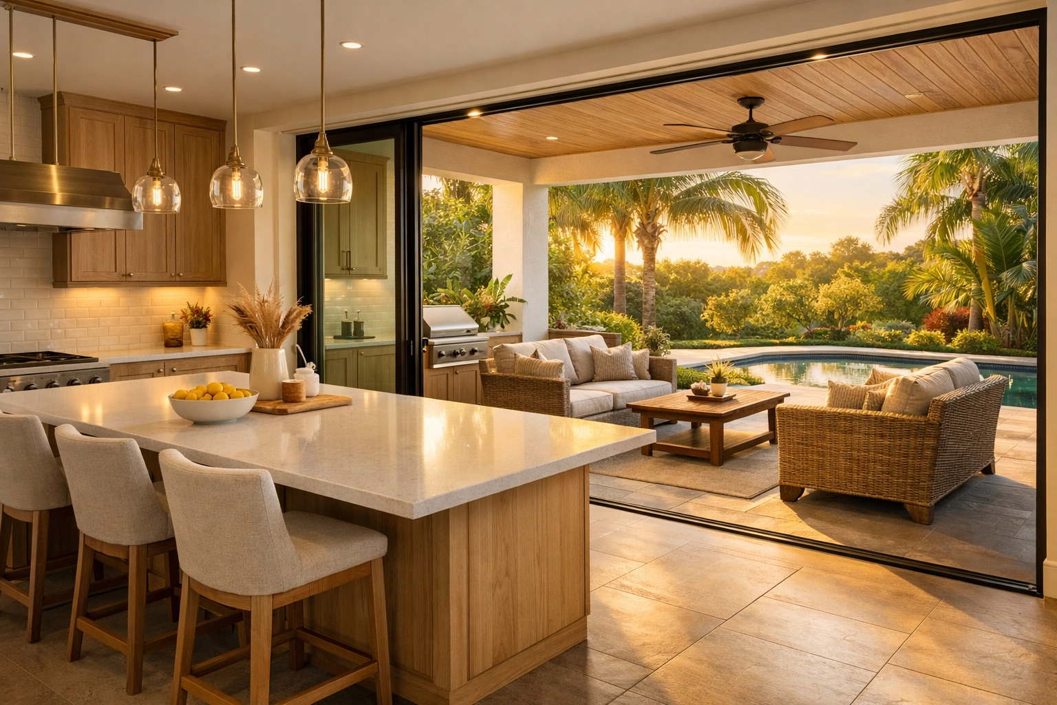 Orlando kitchen remodeling with sliding glass walls connecting to covered lanai