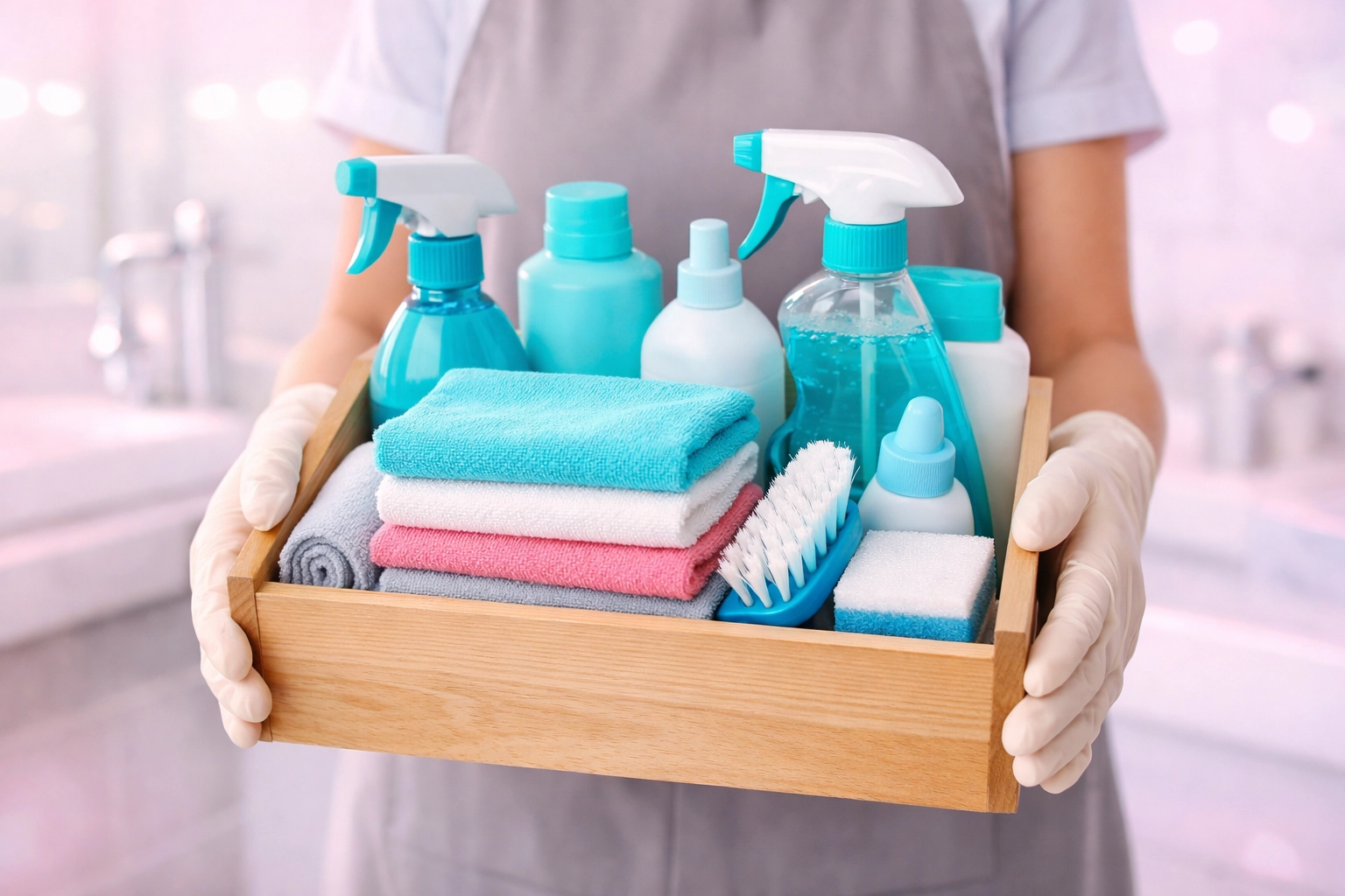 Professional move-out cleaning supplies in a caddy used by Clean Freak, LLC to help Waterloo tenants.