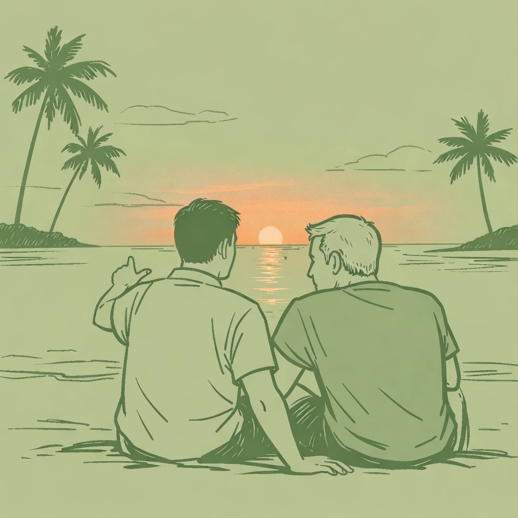 Two men watching sunset together on Seminyak Beach in Bali MM romance illustration