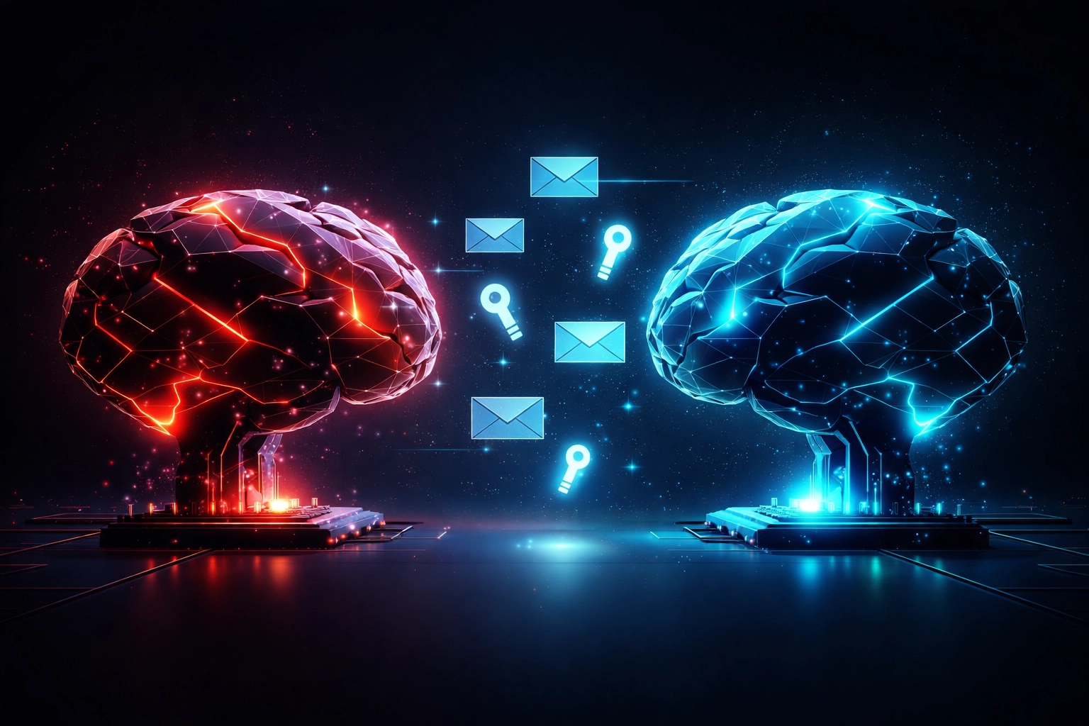 Two artificial intelligence brains face off, highlighting the battle between AI-powered attackers and cyber defenders.