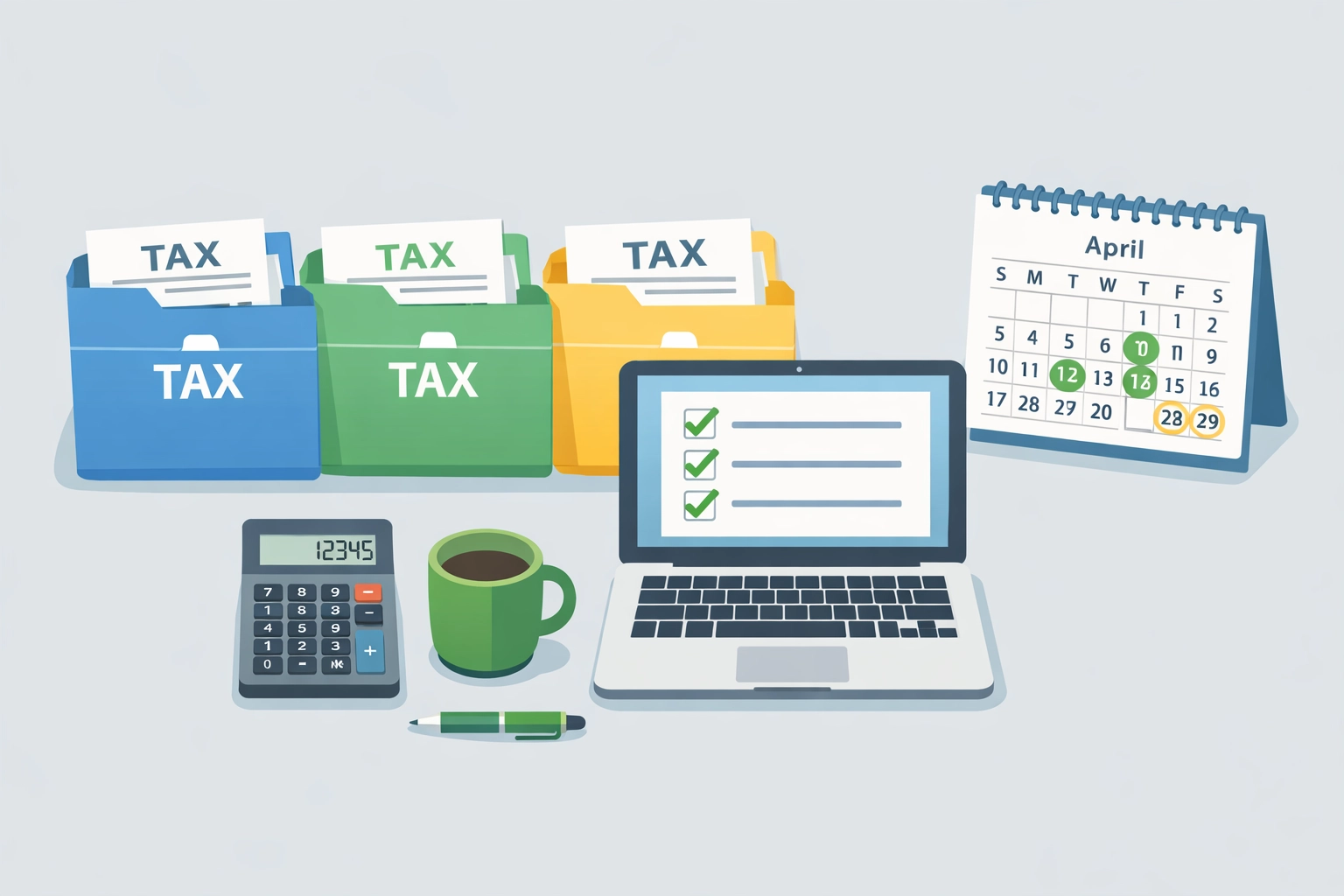 Organized tax documents and folders on desk for 2026 tax preparation and maximizing refund