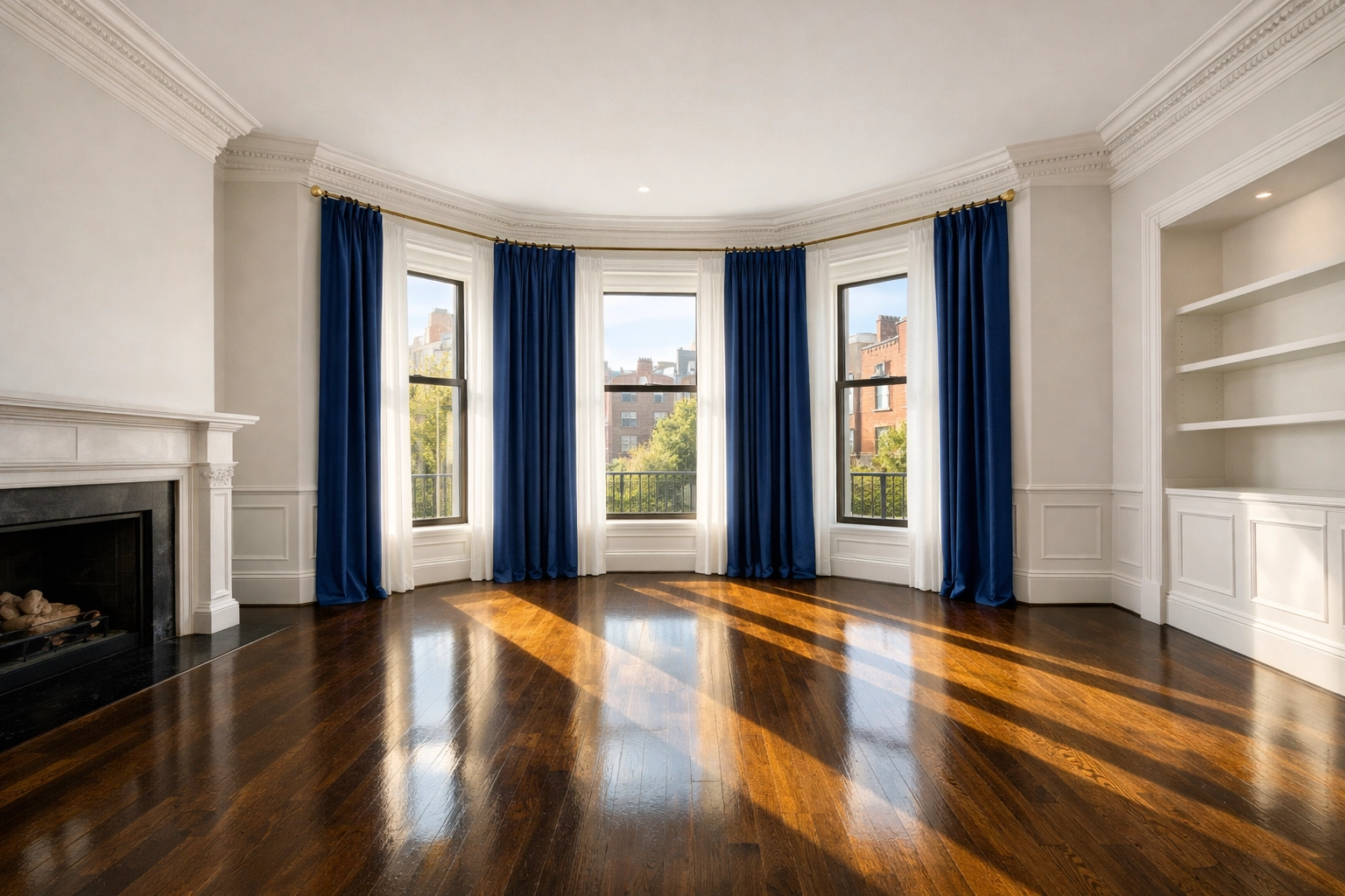 Spotless Boston apartment move-out cleaning results in a vacant high-end brownstone living room.
