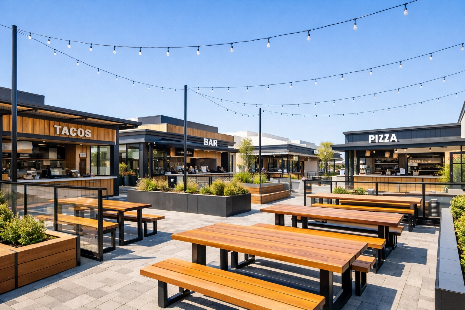 Modern outdoor dining area and shared service space requiring liquor liability coordination for compliance.