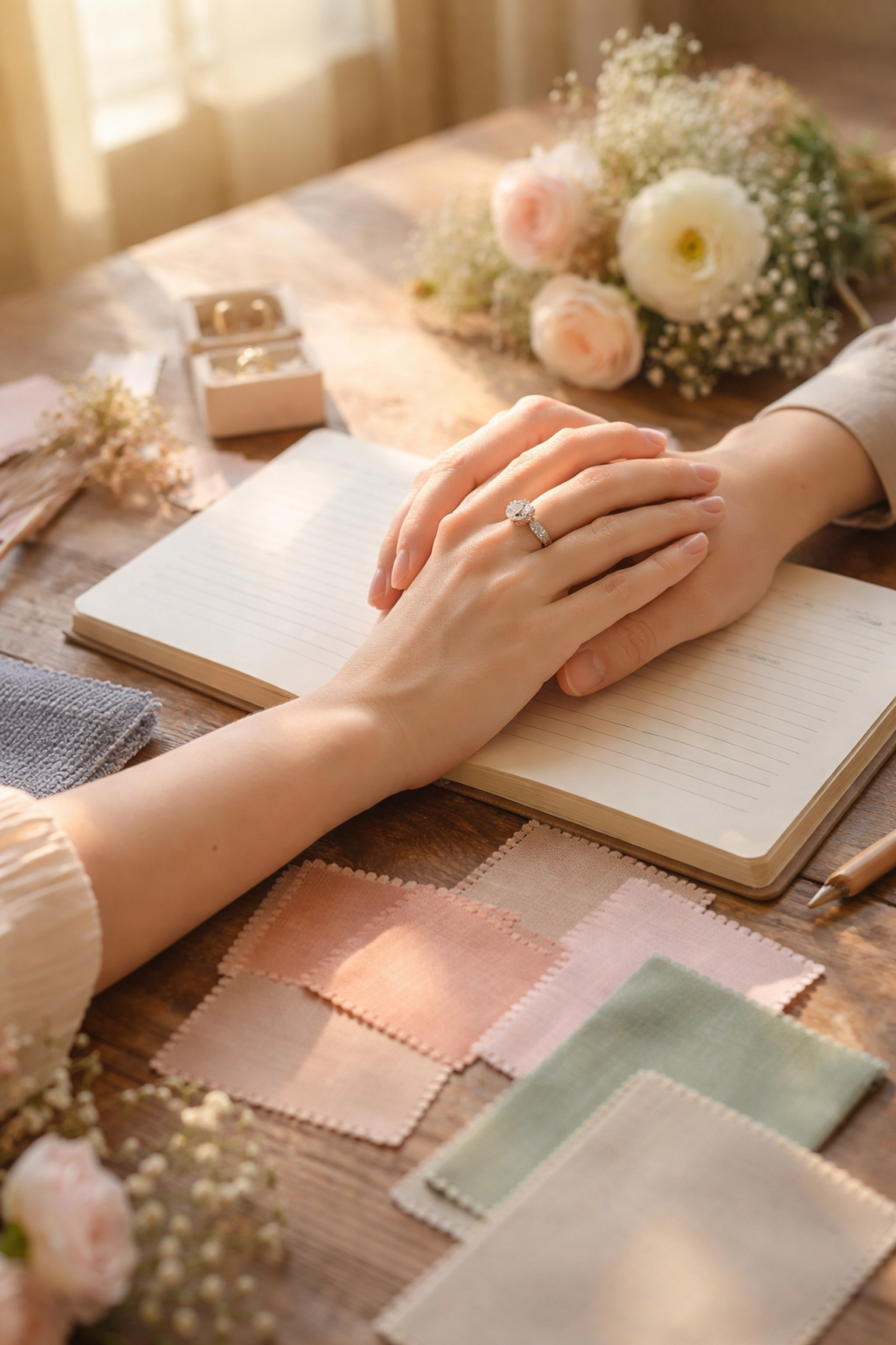 Close-up of two people holding hands over a wedding planning notebook, symbolizing trans-friendly wedding steps and inclusivity.