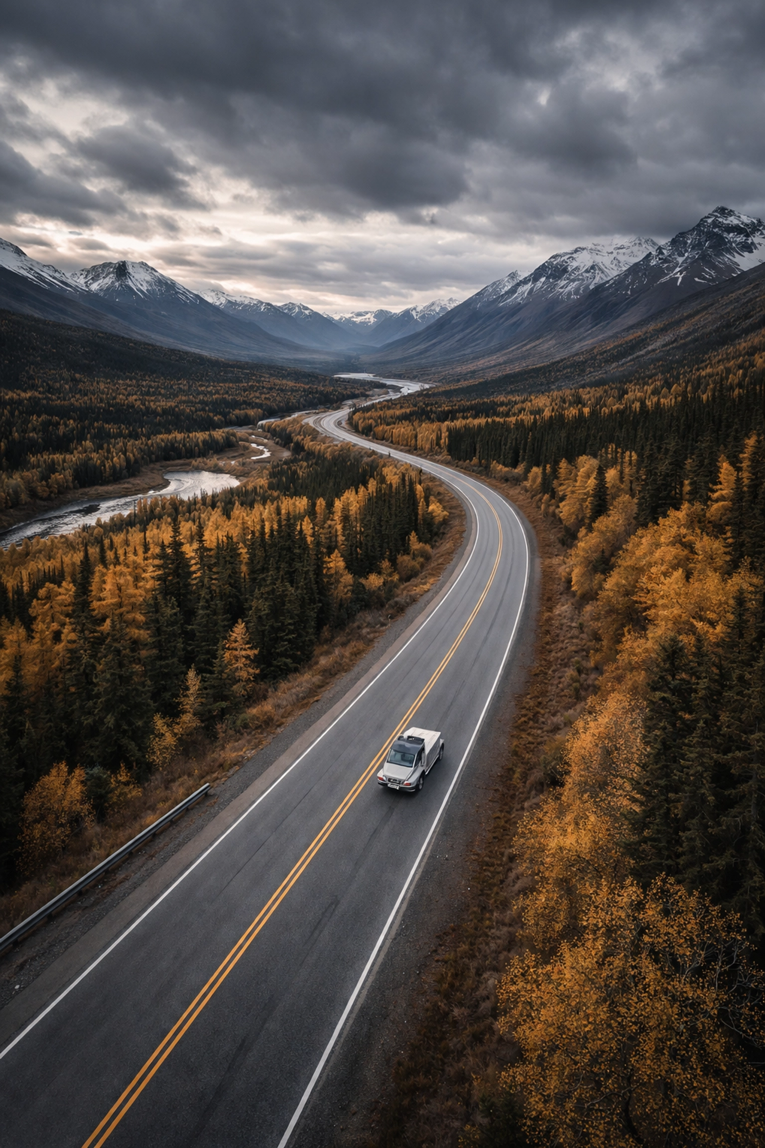 Aerial view of Alaskan highway and work truck, highlighting remote business travel challenges in Alaska