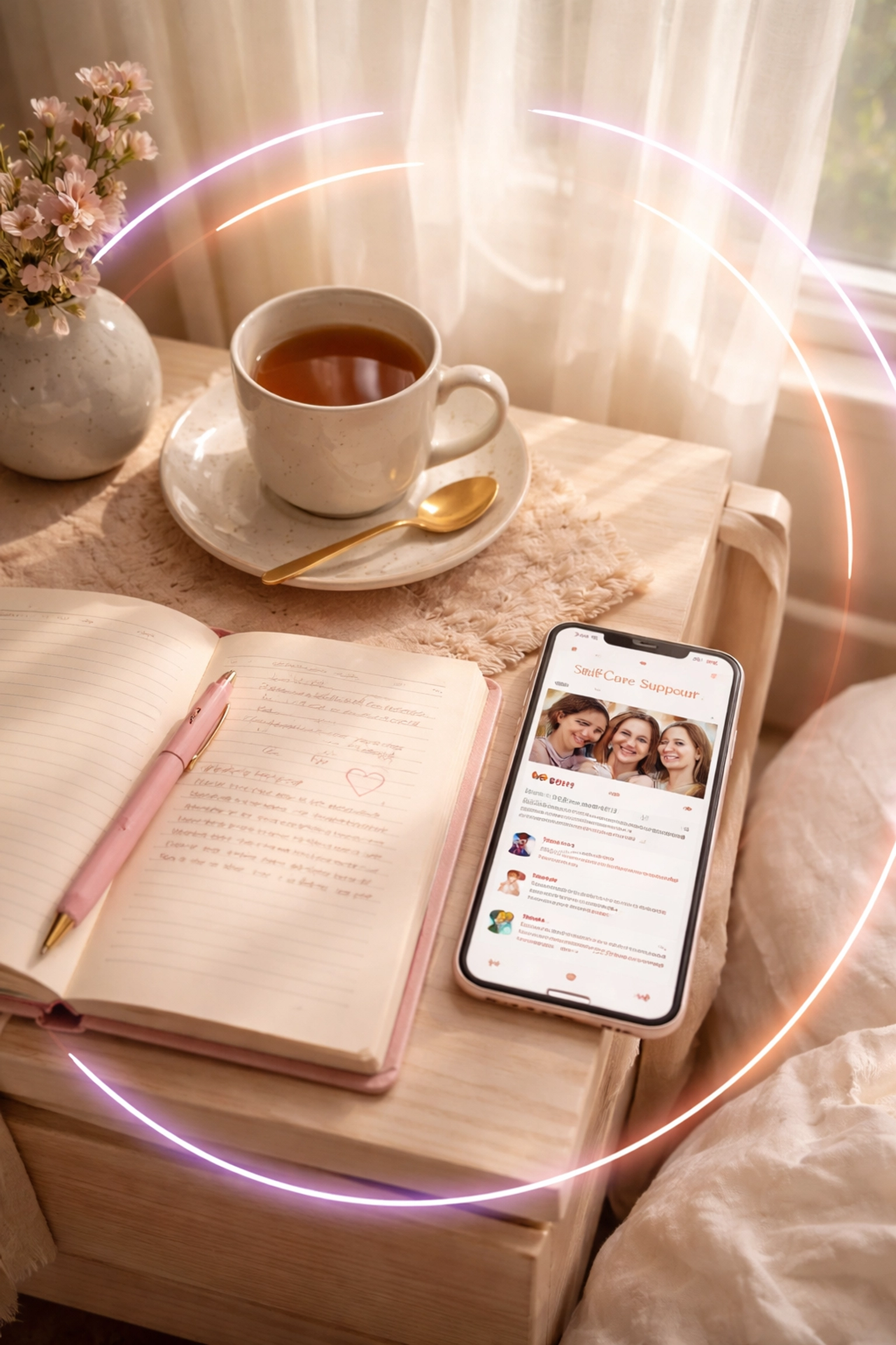 Journal, tea, and phone with an online support group, highlighting self-care for crossdresser spouses