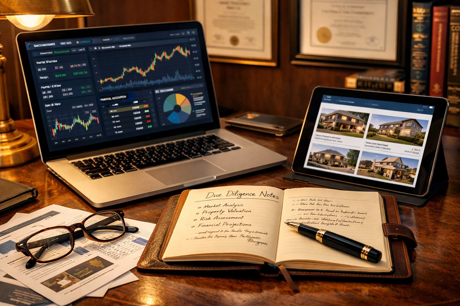 Investor workspace with financial documents and due diligence materials for alternative investments