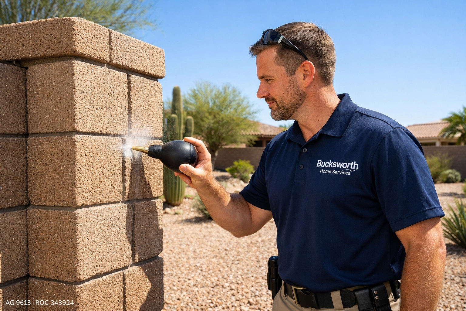 Bucksworth technician applying Peoria pest protection dust to H-block wall columns using a professional bulb duster.
