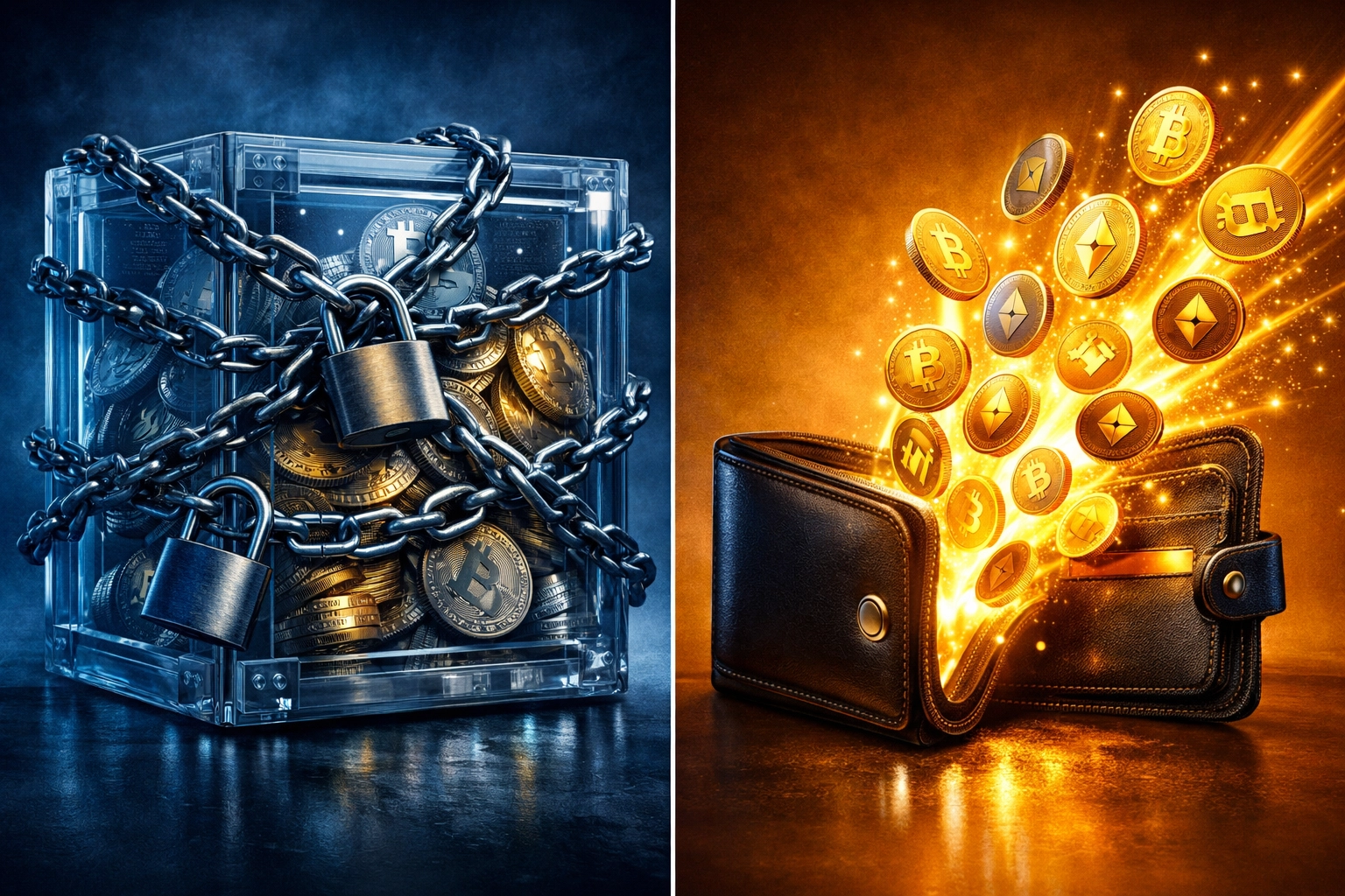 Custodial crypto payment vault with locked funds versus self-custody wallet with free cryptocurrency