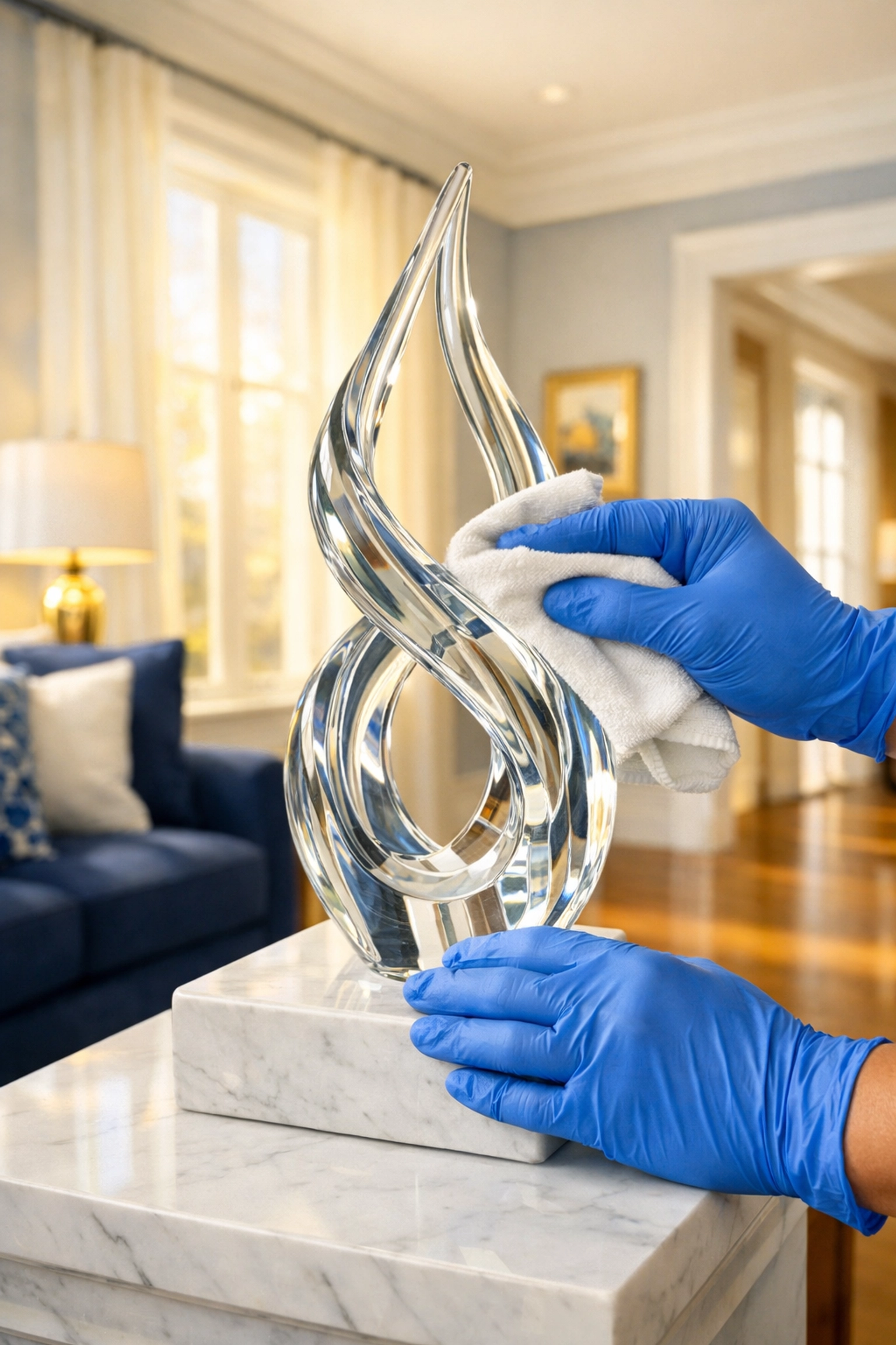 Professional cleaner in blue gloves polishing glass sculpture in a luxury house cleaning services MA setting.