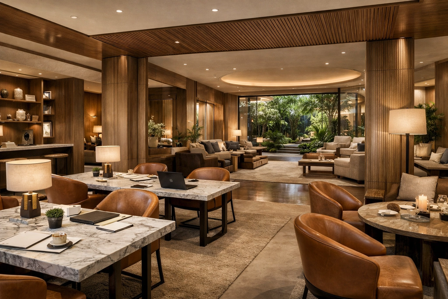 Sophisticated hotel coworking space utilizing hotel management software to maximize property square footage.