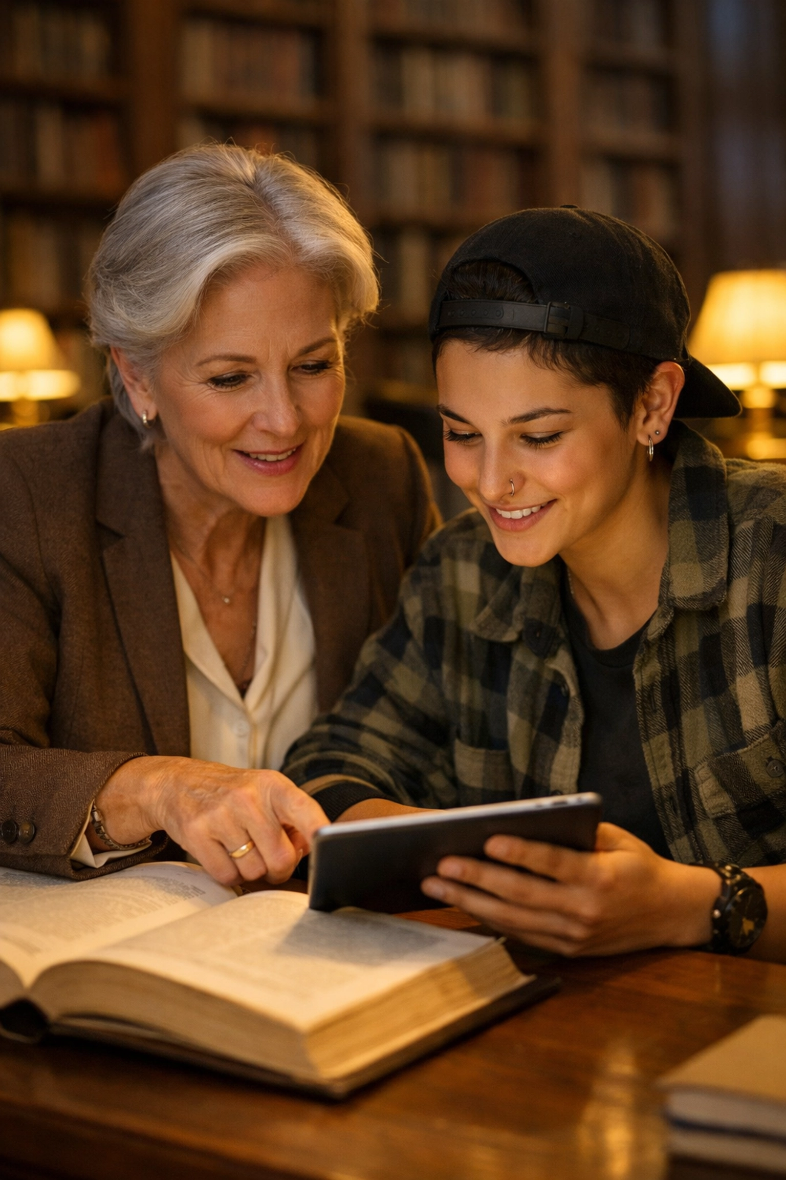 LGBTQ+ professor mentoring a student in a library, highlighting the impact of queer education and academia.