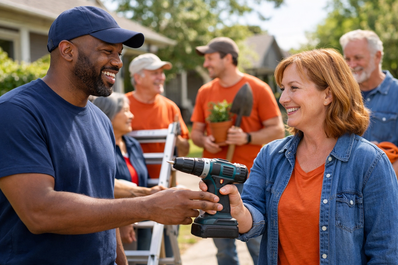 Neighbors sharing tools and equipment in community peer-to-peer rental exchange