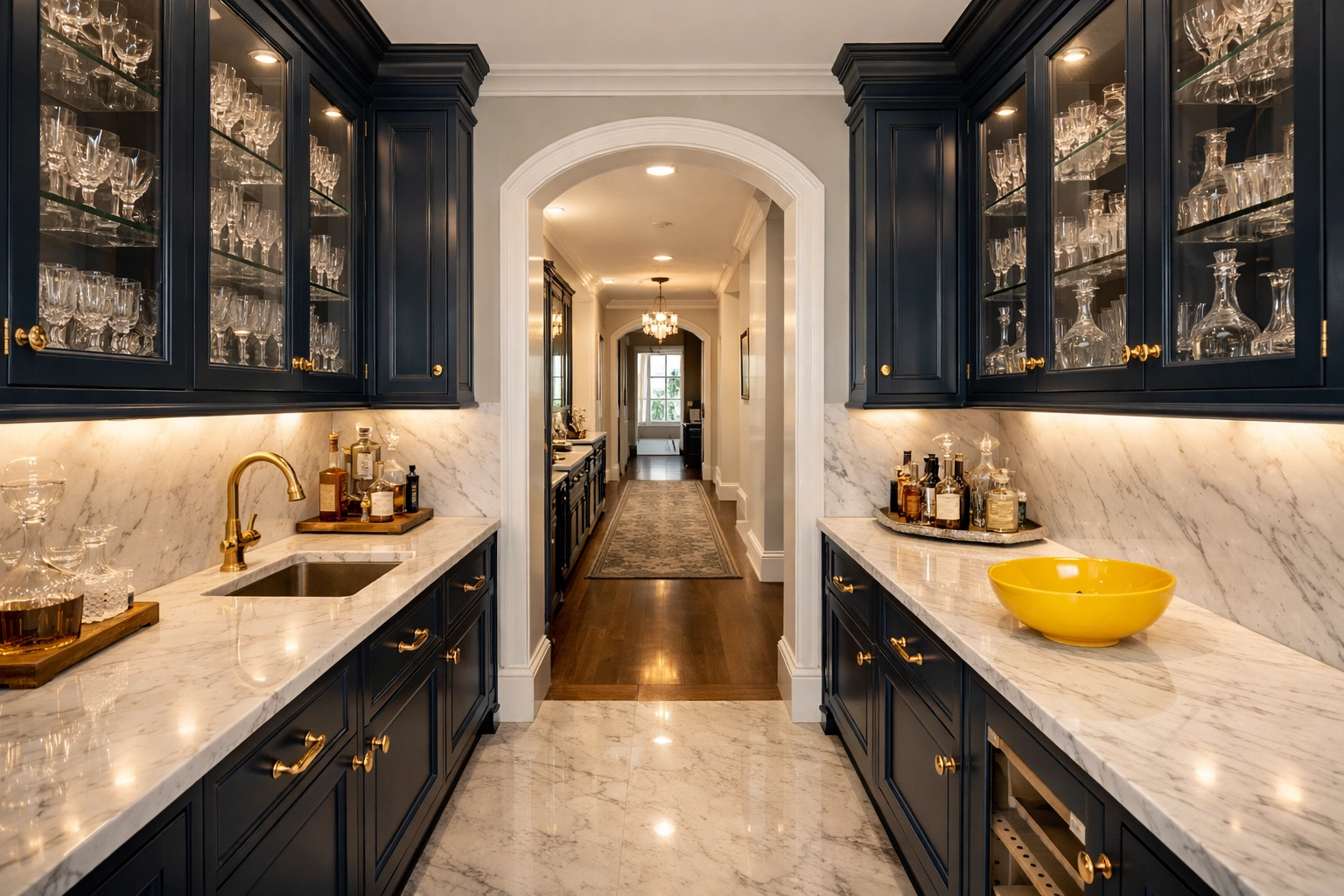 Spotless luxury butler’s pantry and clean cabinetry in a Weston Georgian Colonial home.