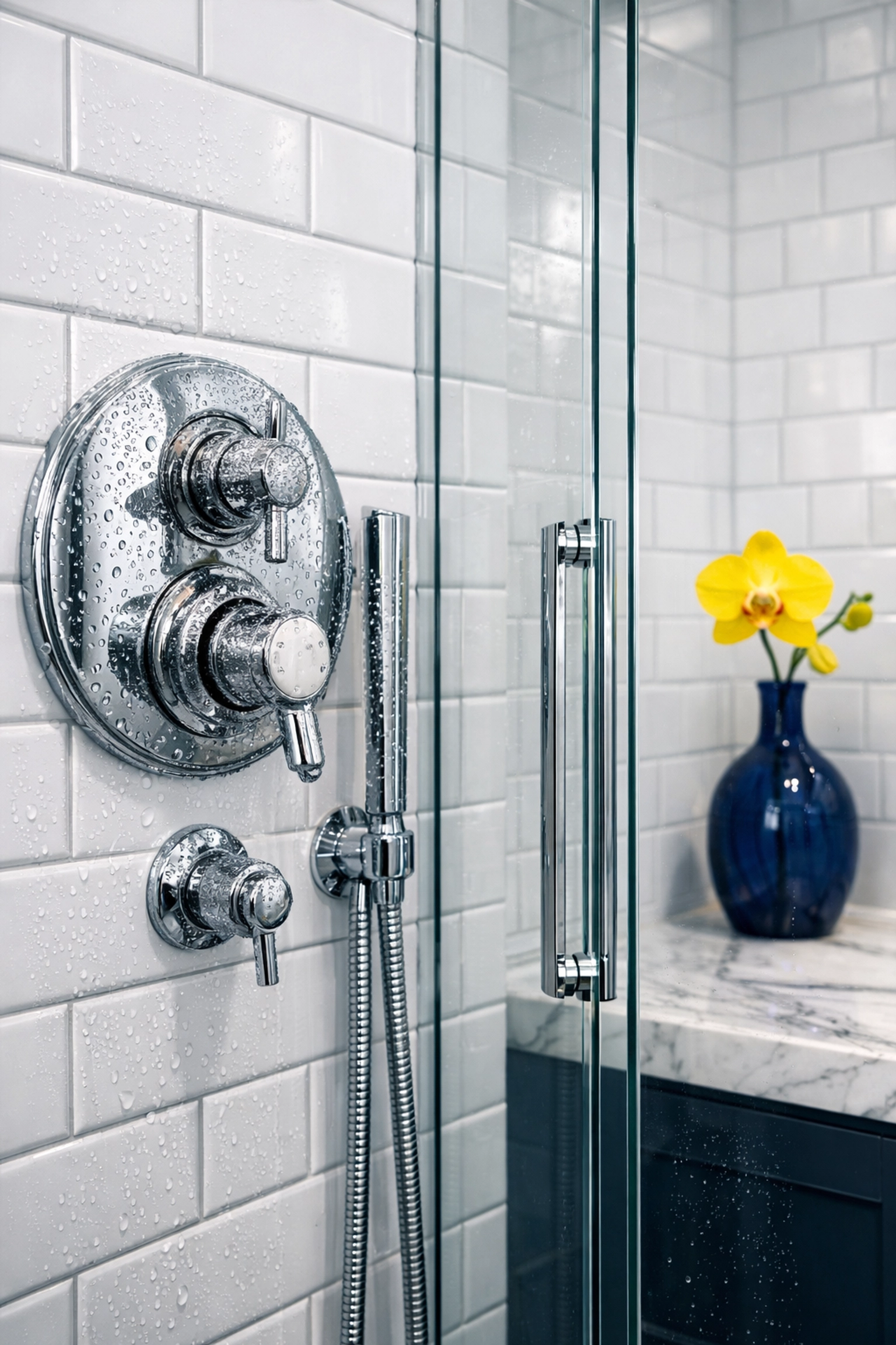 Detailed Worcester deep cleaning of a luxury bathroom showing sparkling tile grout and clear shower glass.