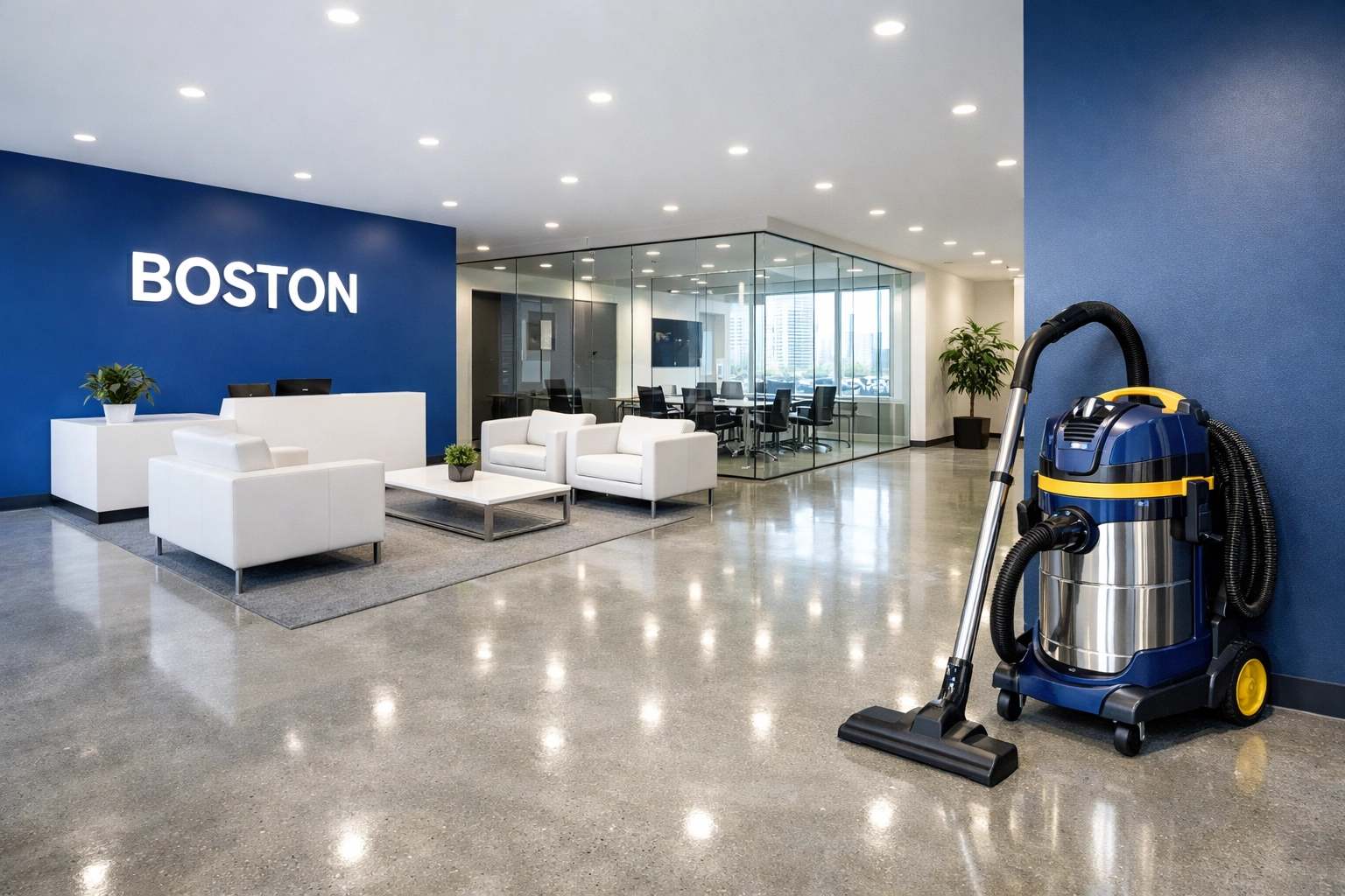 Spotless modern office lobby in Boston after professional post-construction cleaning MA.