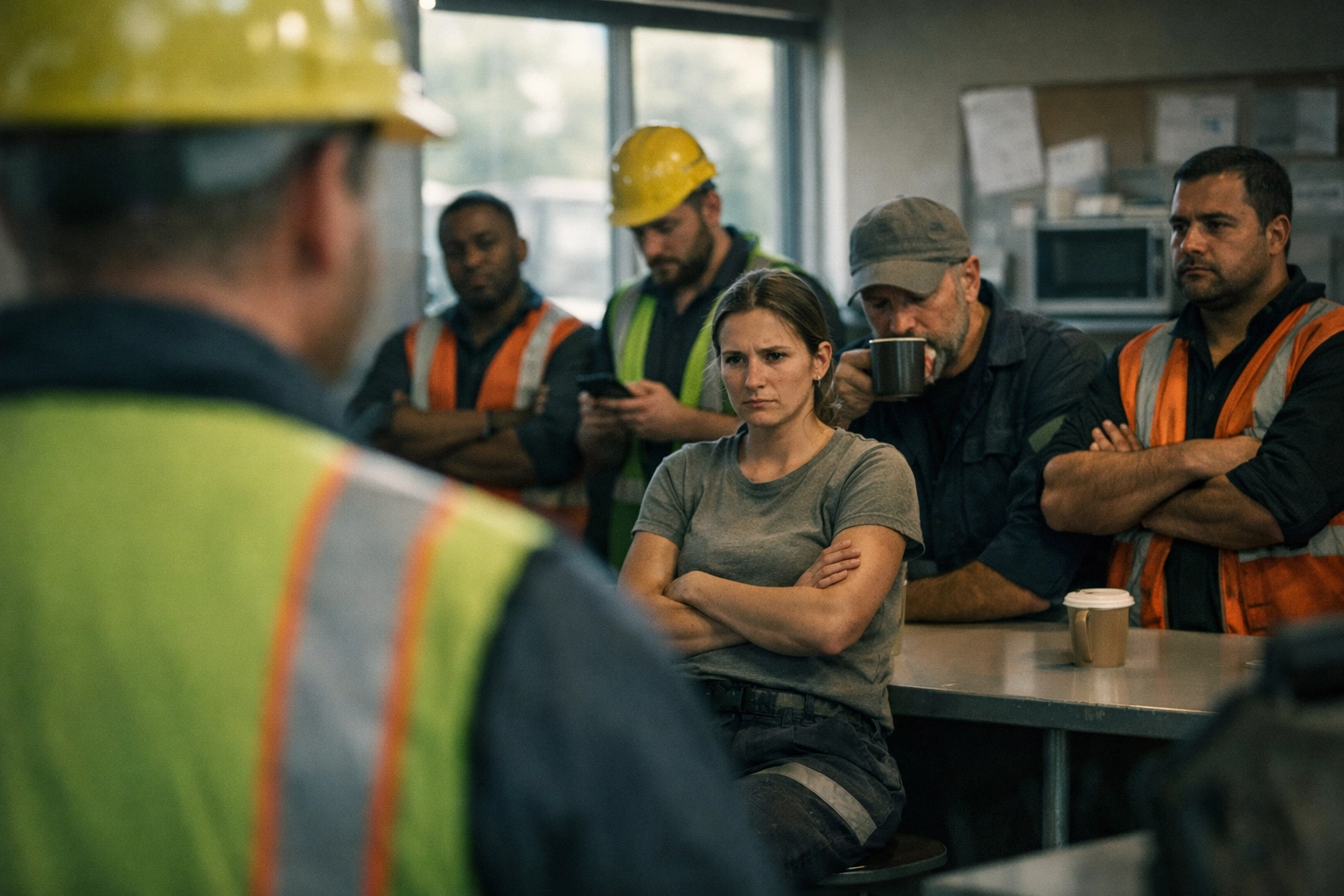 Safety manager observing workers' body language during workplace conversation