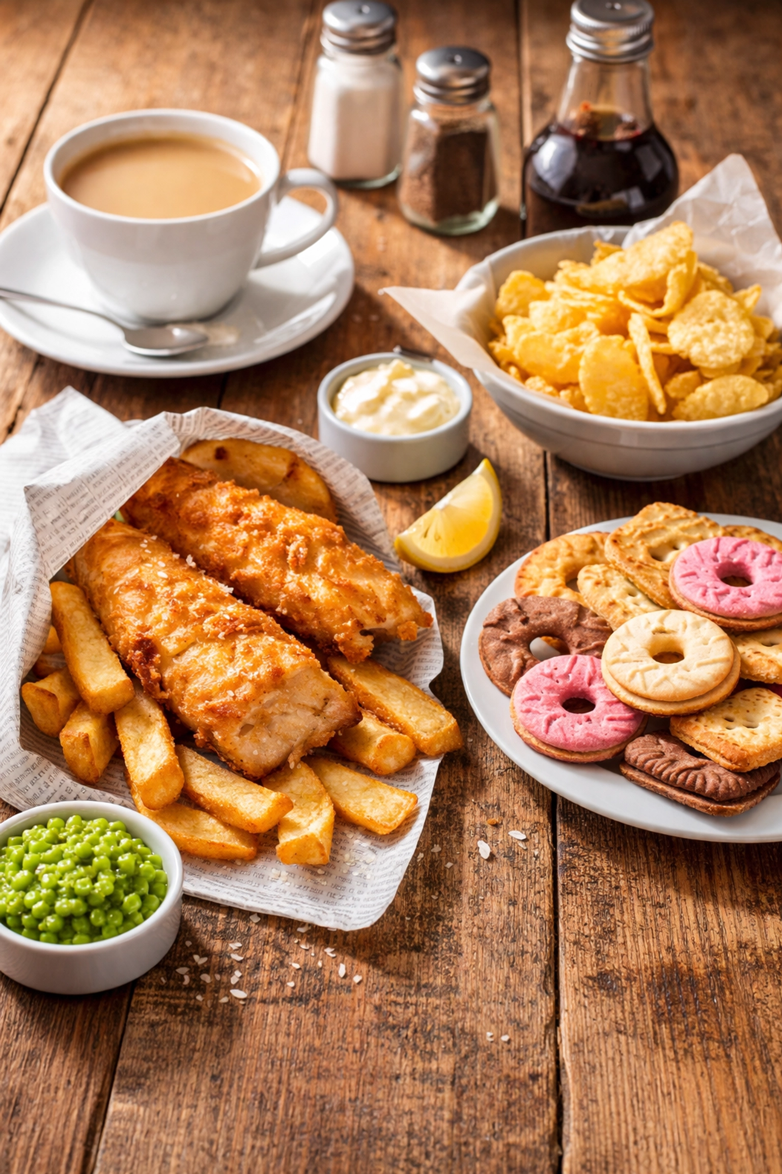 Traditional British meal with fish and chips, biscuits, crisps, and tea illustrating UK food vocabulary