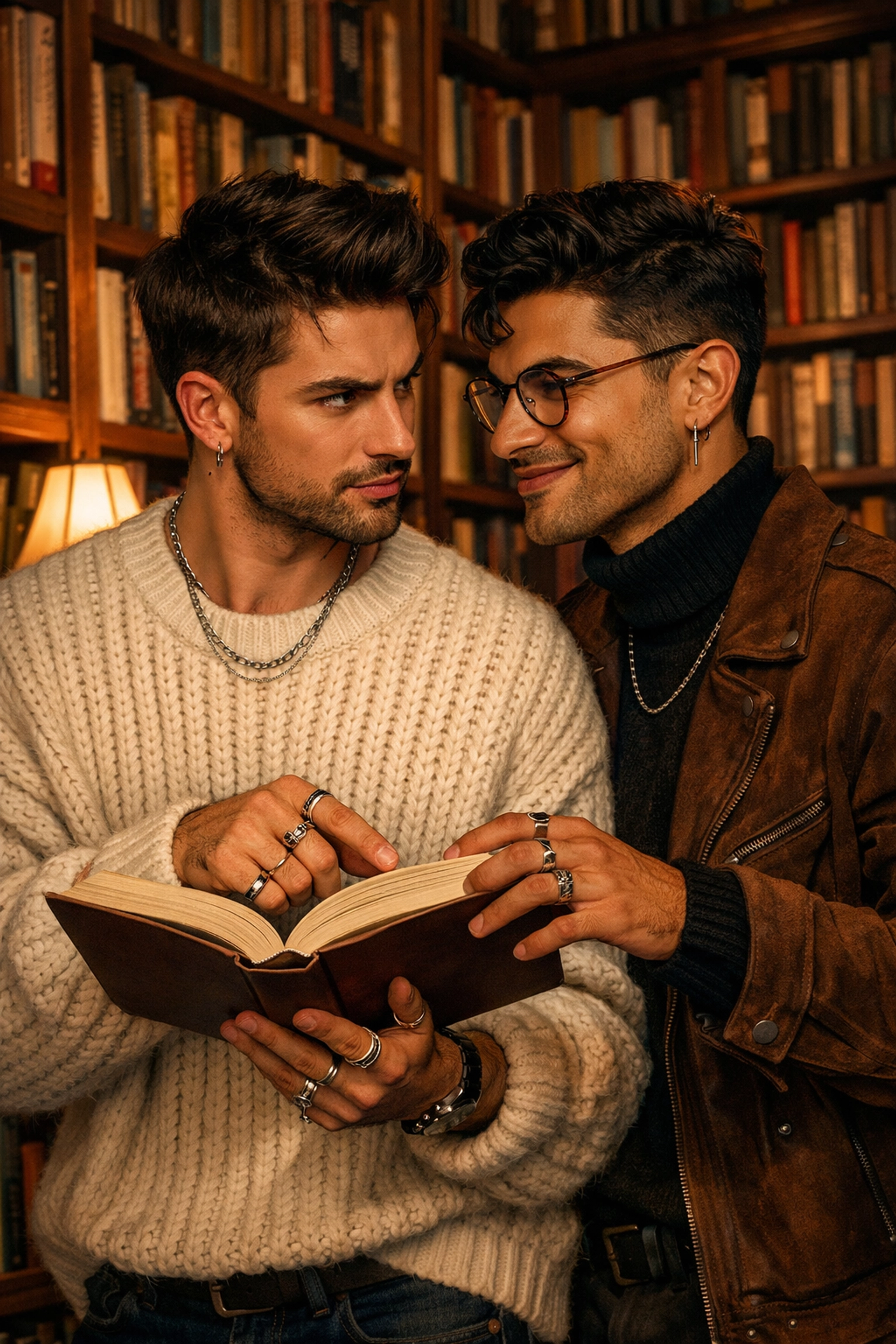 Two stylish men in a library debating a book, capturing the academic rivals trope found in popular MM romance.
