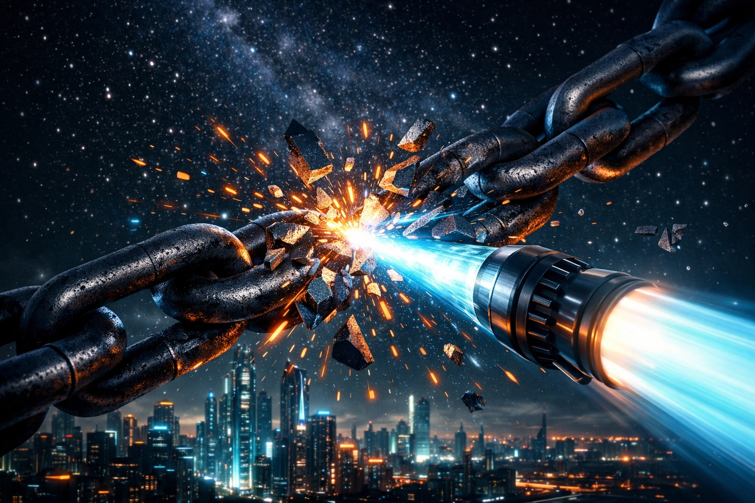 A rocket trail shattering iron chains over a futuristic city, symbolizing financial sovereignty and reducing merchant fees.