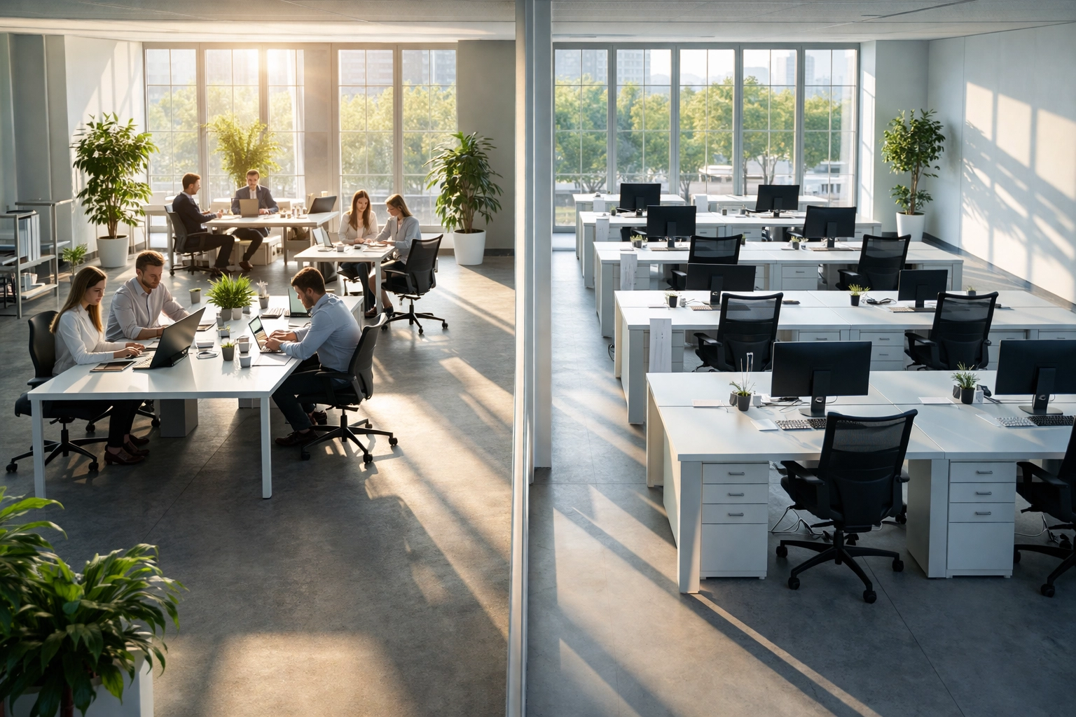 Hybrid office space showing occupied and empty desks for flexible cleaning schedules