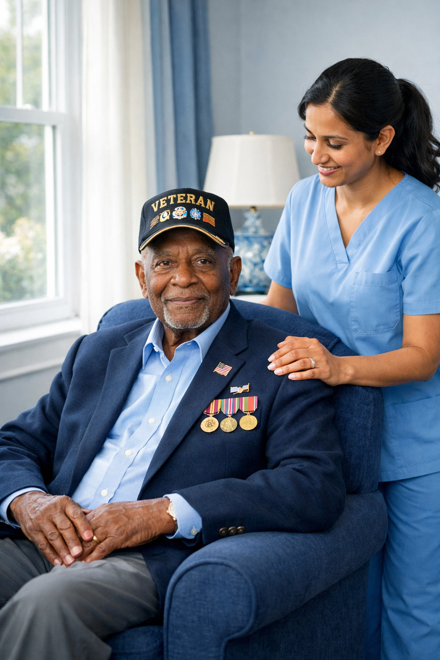 Professional caregiver supporting an elderly veteran with VA home care benefits in Virginia.