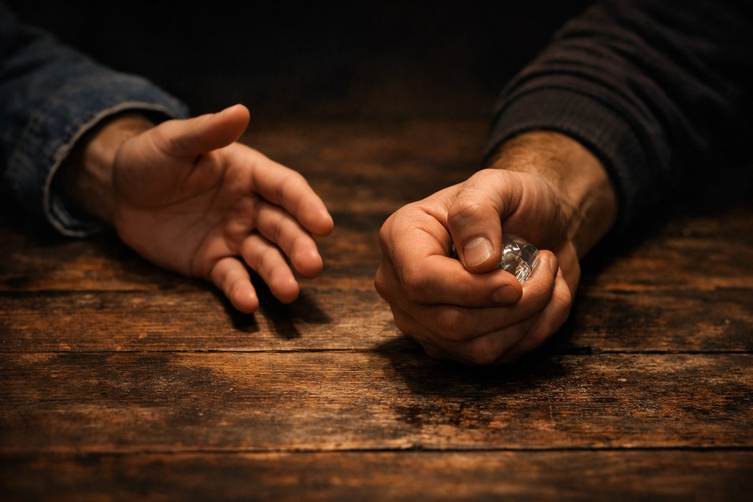 Close-up of one man's hand reaching out while another pulls away, symbolizing broken trust in gay relationships.