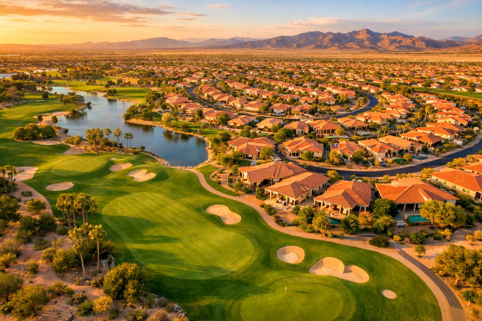 Aerial drone view of a Goodyear AZ golf course community showing PebbleCreek and Palm Valley homes.